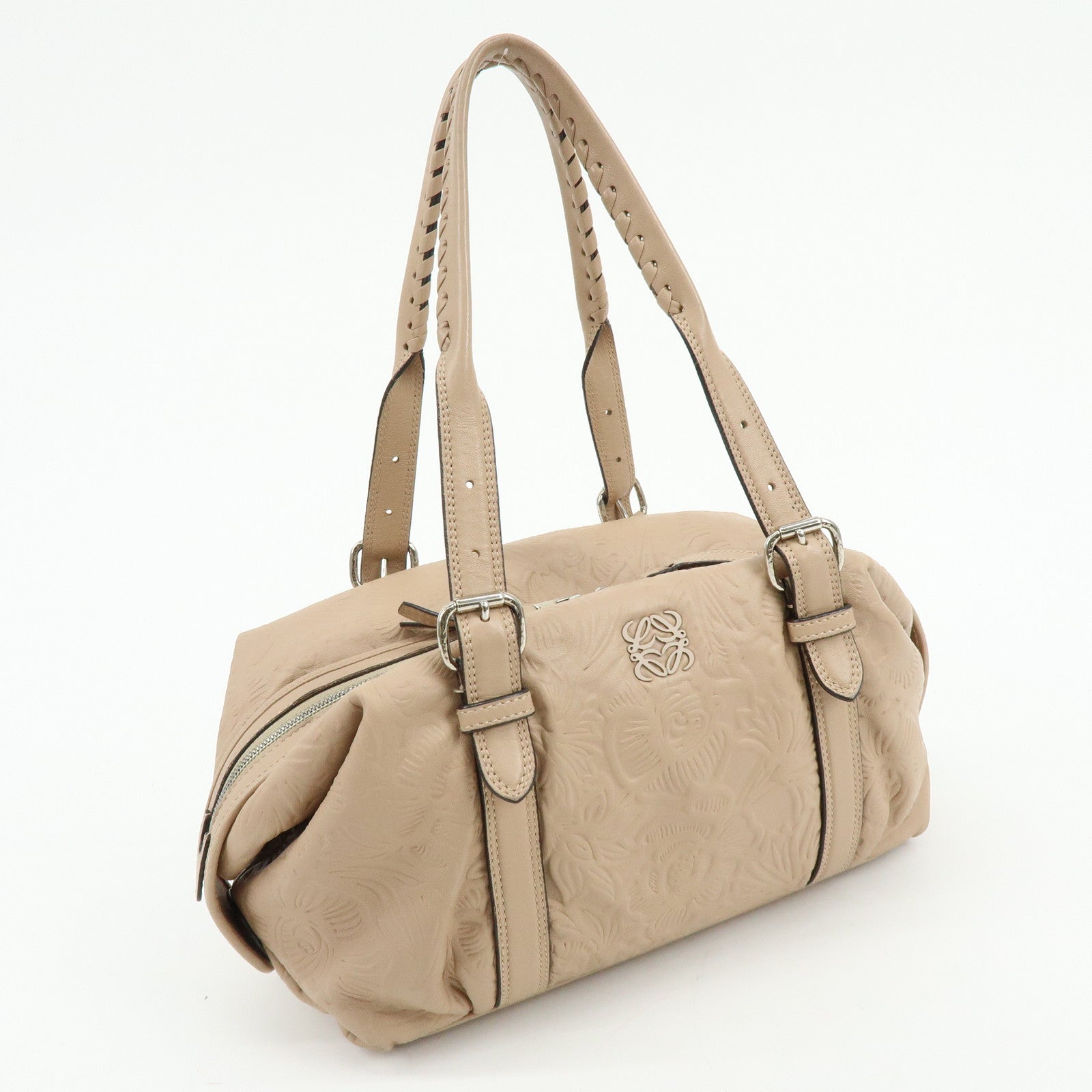 LOEWE Anagram Leather Mini Boston Bag Tote Hand Shoulder Bag Beige