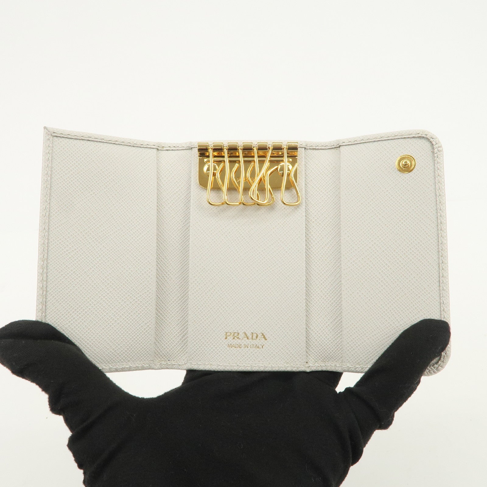 PRADA Ribbon Saffiano Leather Key Case Key Holder White