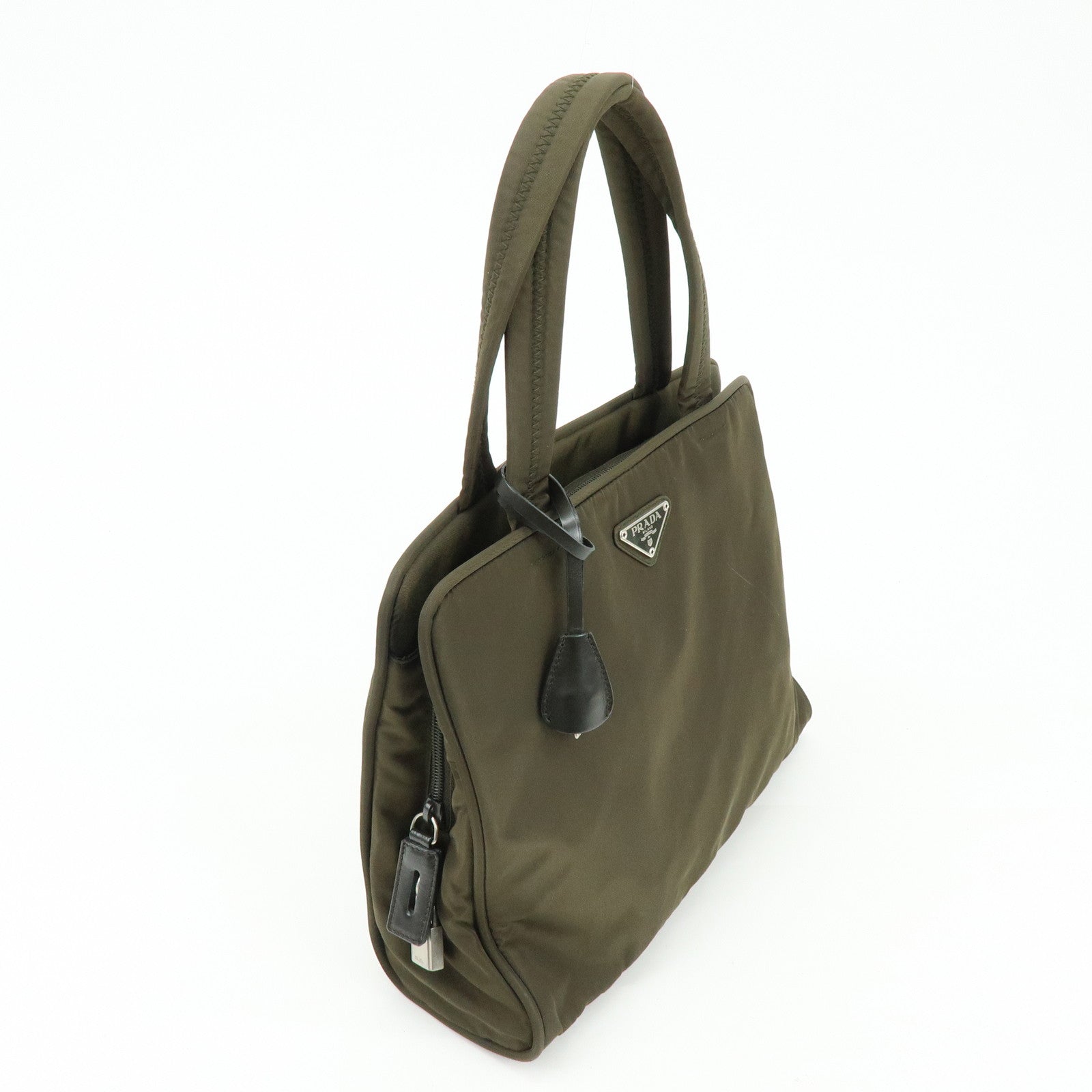 PRADA Triangle Logo Nylon Leather Tote Bag Hand Bag Khaki