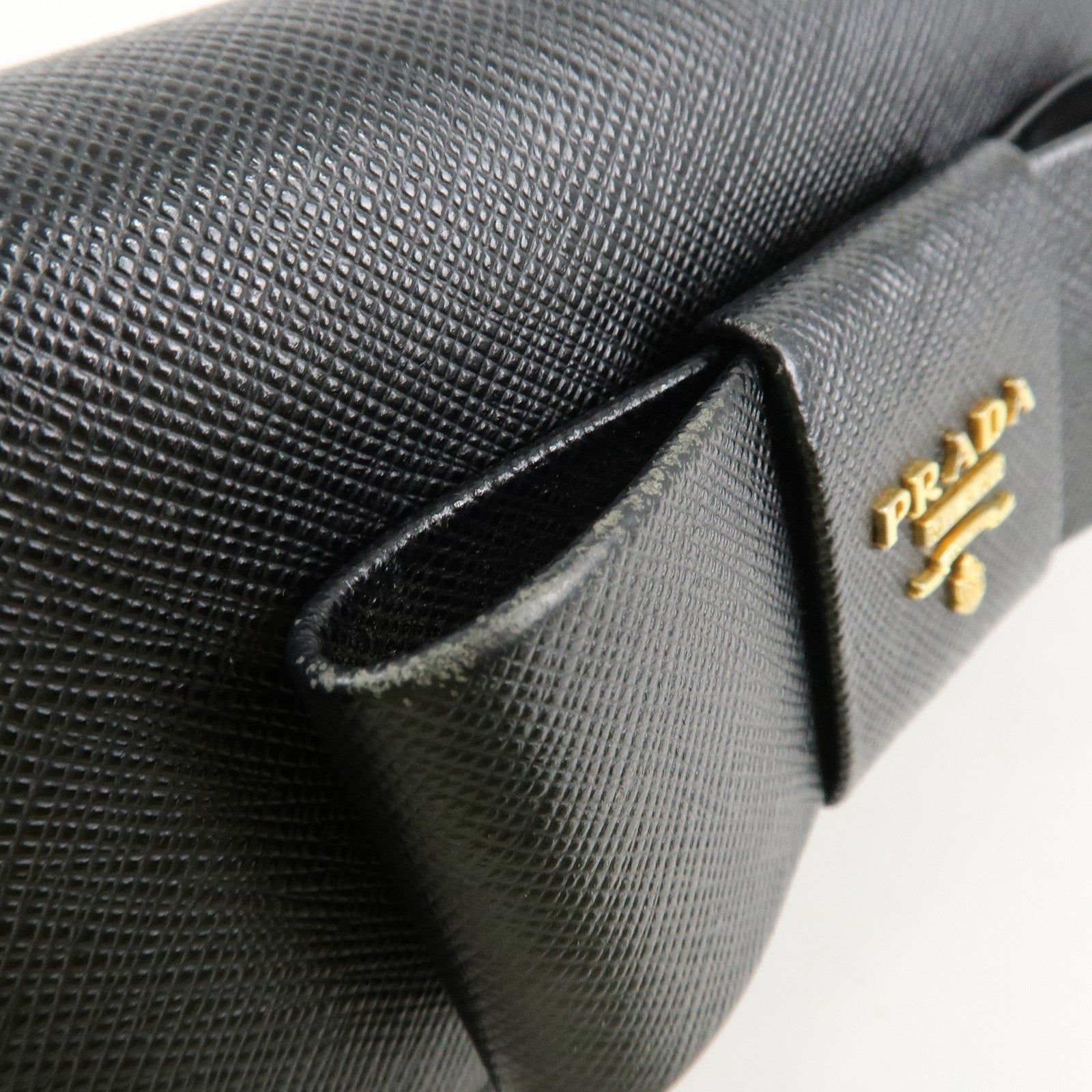 PRADA Saffiano Leather Flap Bi-Fold Long Wallet Black Gold 1MH132 Used