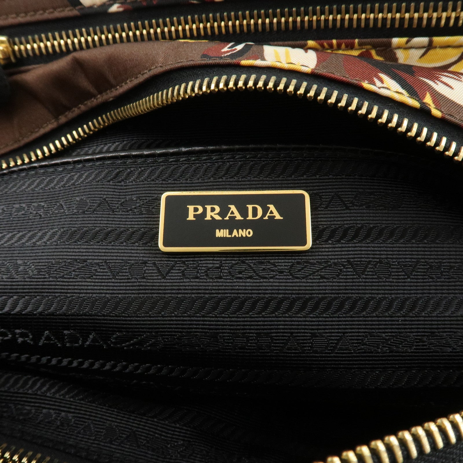 PRADA Triangle Logo Nylon Leather 2Way Bag Shoulder Bag Hand Bag Floral Print Brown Yellow BN2741 Used