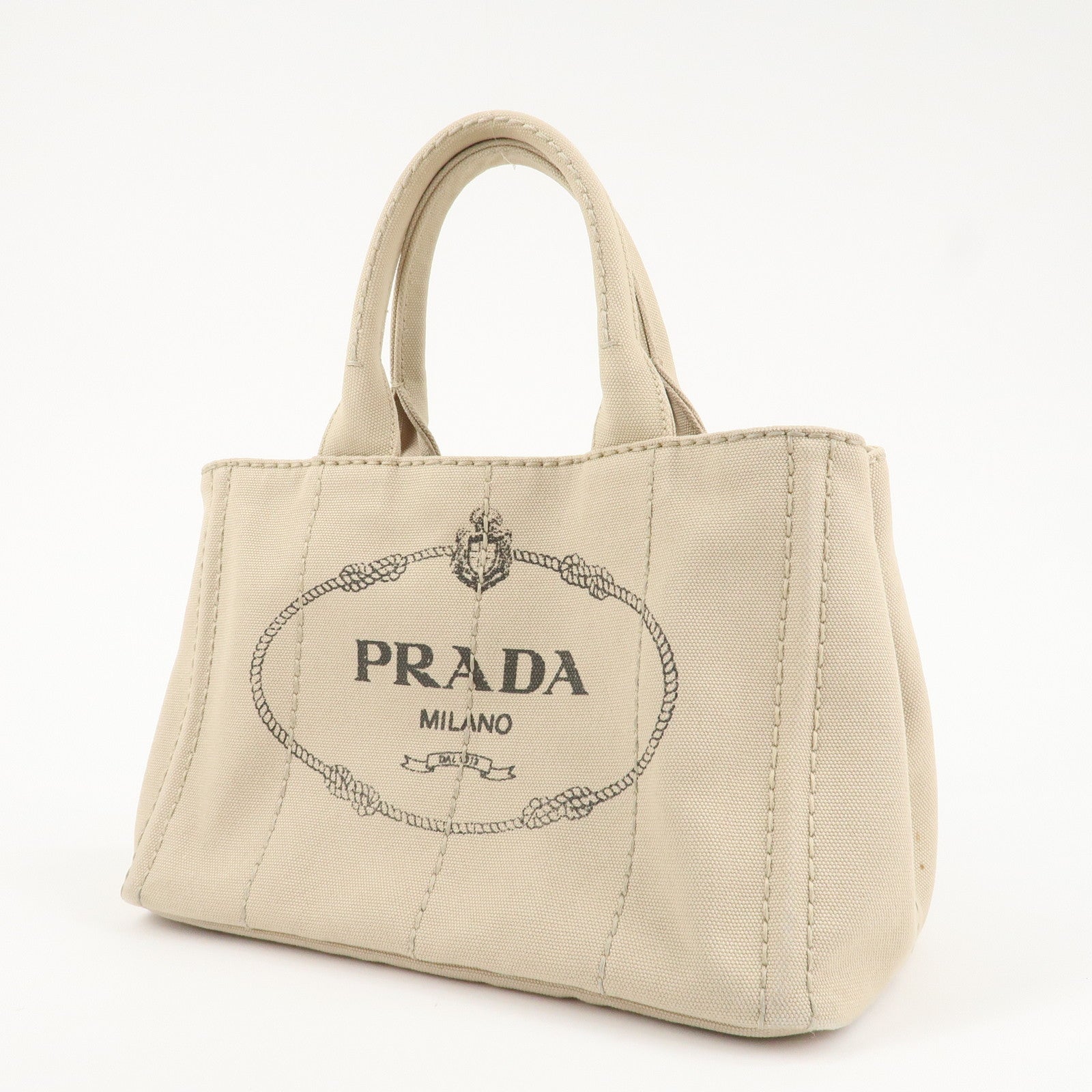 PRADA Logo Canapa Mini Canvas Tote Bag Hand Bag Beige 1BG439 Used