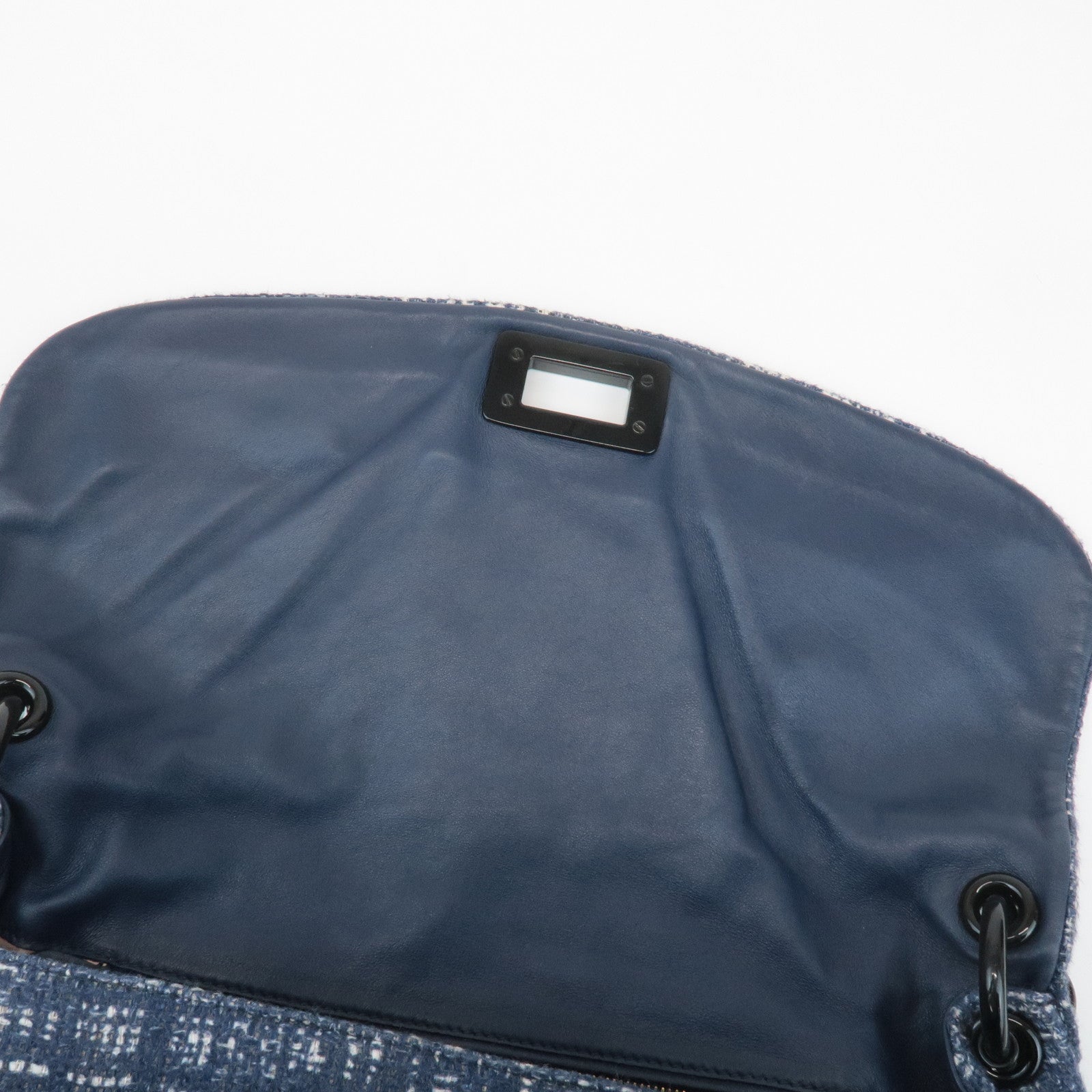 PRADA Tweed Leather Plastic Chain Shoulder Bag Navy White BR4874 Used