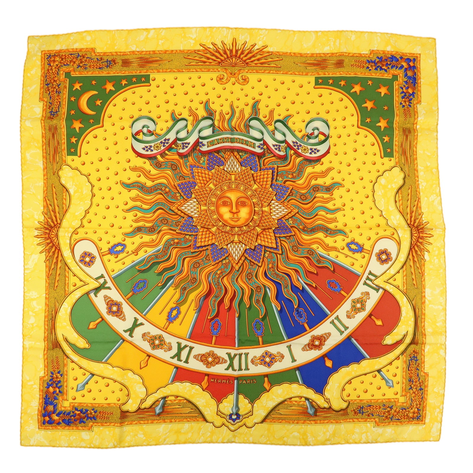 HERMES Carre 90 Silk 100% Scarf GLORIA SOLI Yellow Green Orange