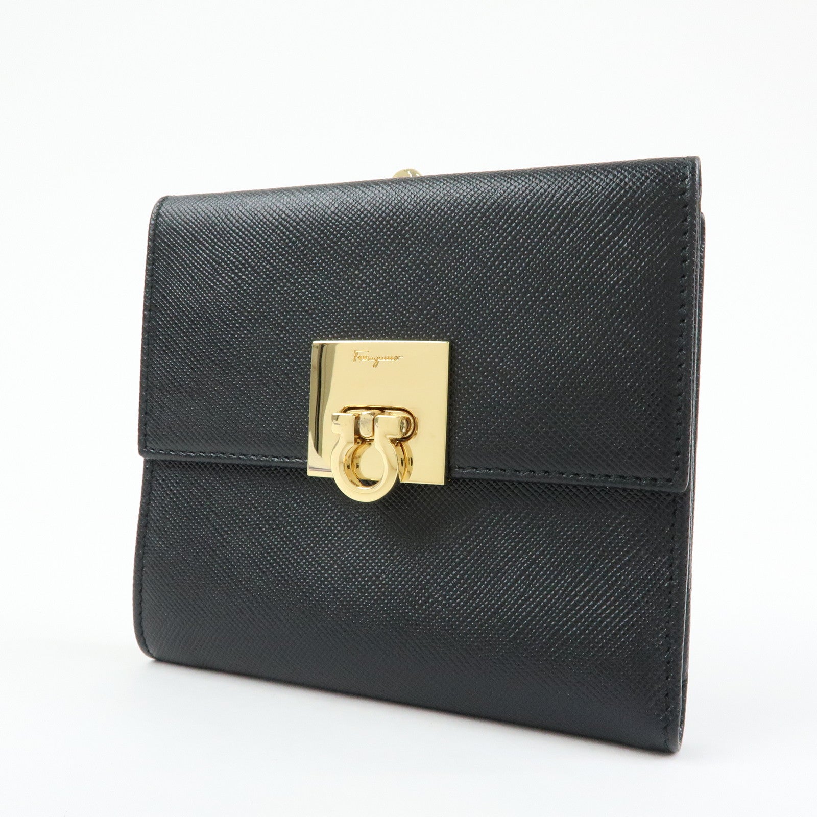 Ferragamo Gancini Leather Bi-Fold Compact Wallet Black