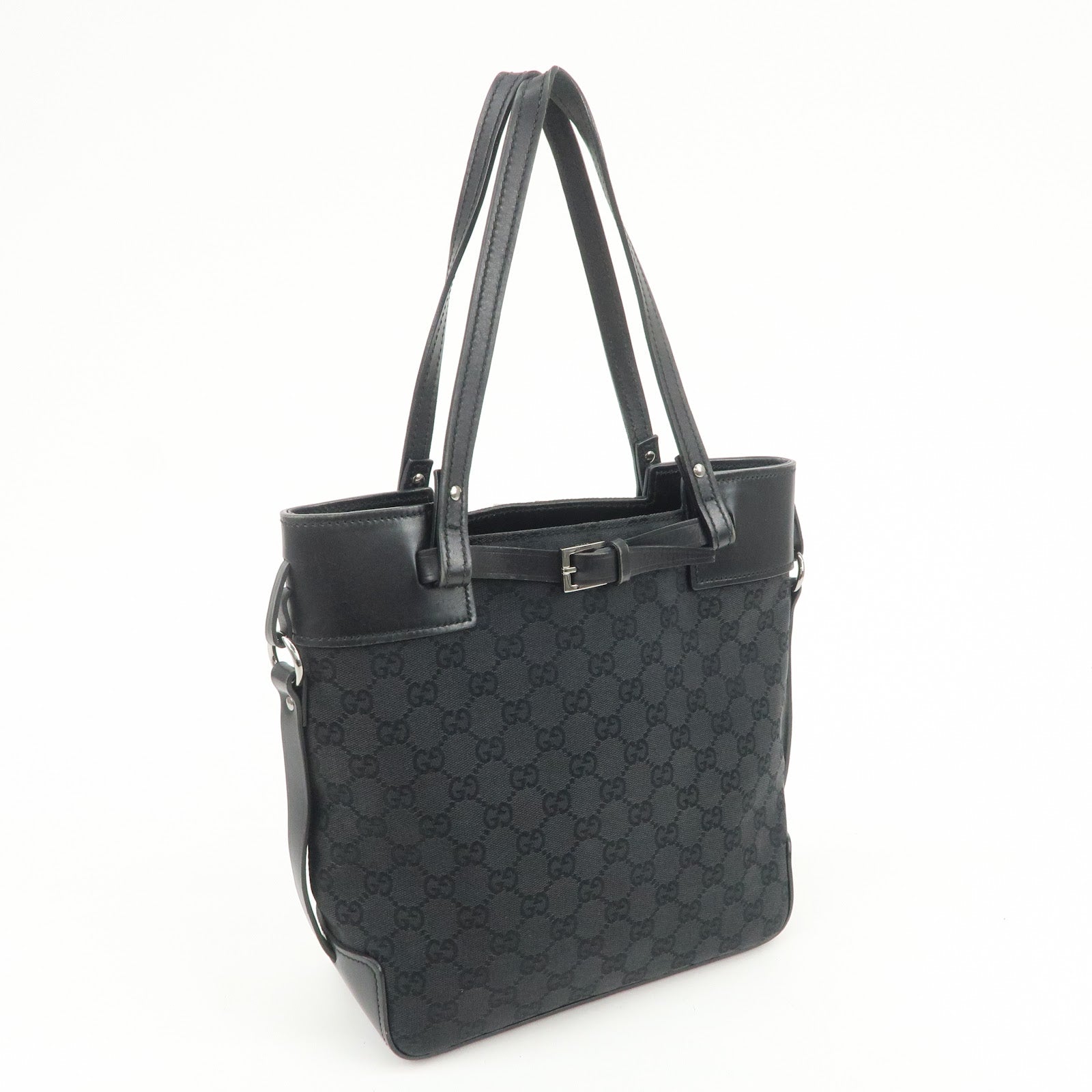 GUCCI GG Canvas Leather Tote Bag Hand Bag Shoulder Bag Black 107757