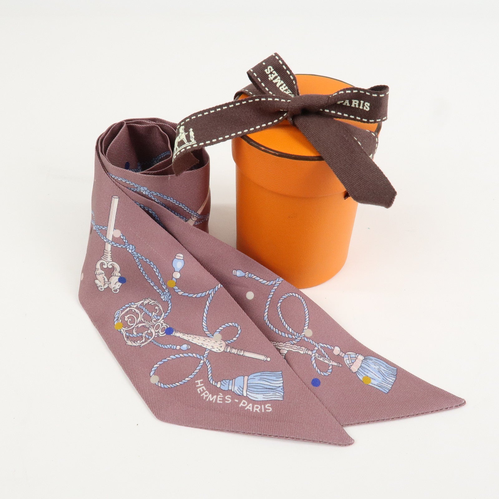 HERMES Silk 100% Twilly Scarf LES CLES A POIS Purple Multicolor