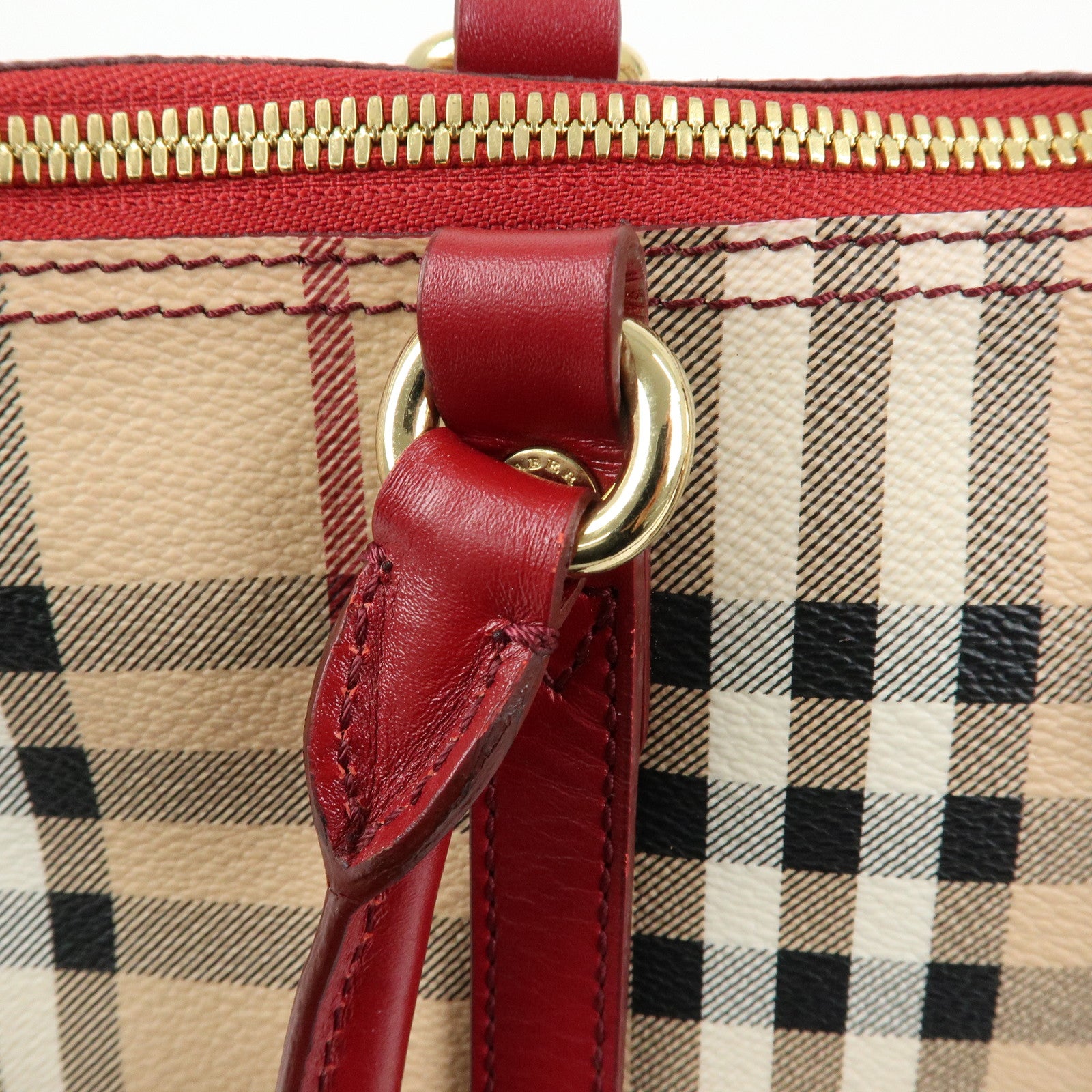 BURBERRY Nova Plaid PVC Leather Tote Bag Hand Bag Beige Red