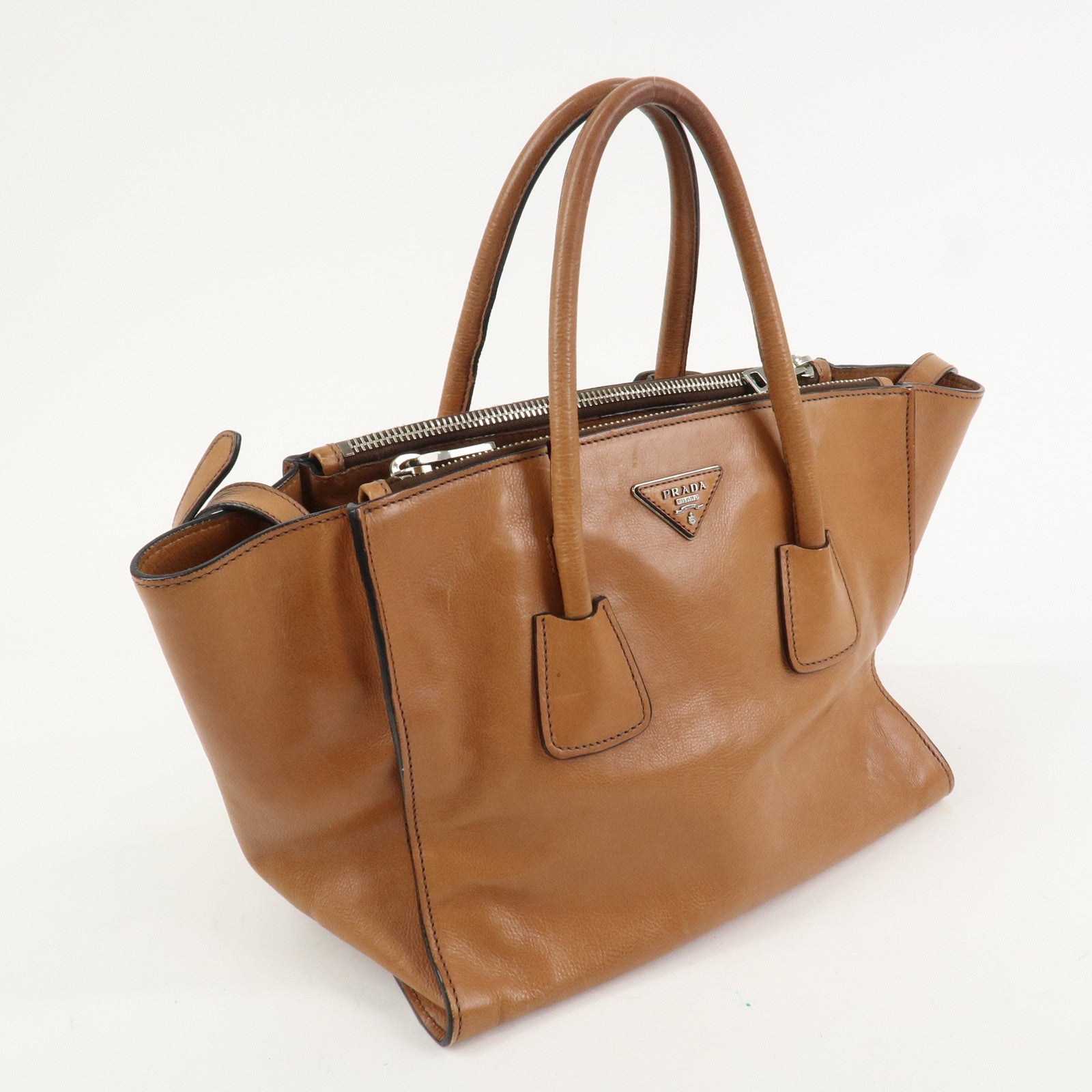 PRADA Triangle Logo Leather 2Way Hand Bag Shoulder Bag Brown BN2619