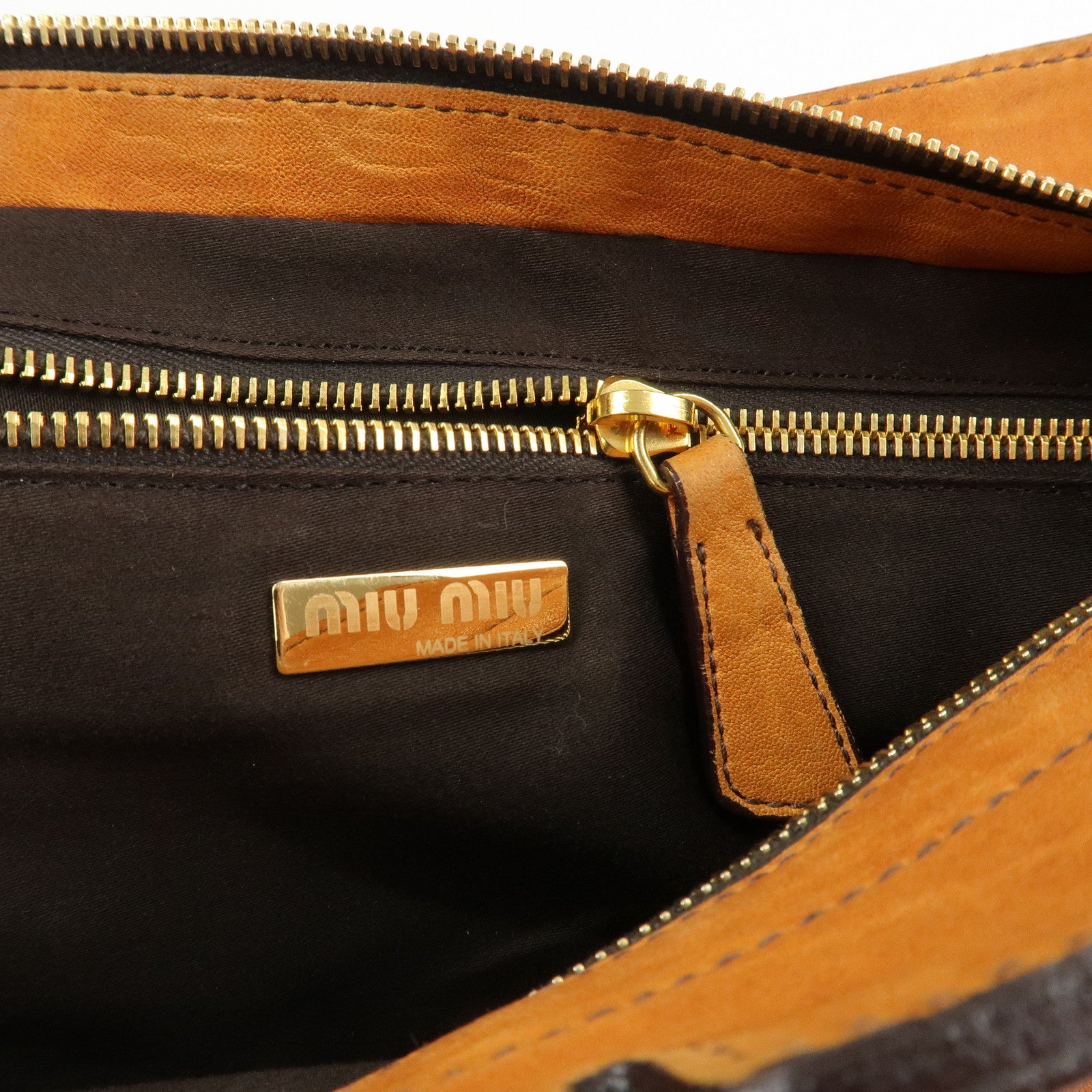 MIUMIU Logo Leather Shoulder Bag Boston Bag Hand Bag Gold HDW Brown Used