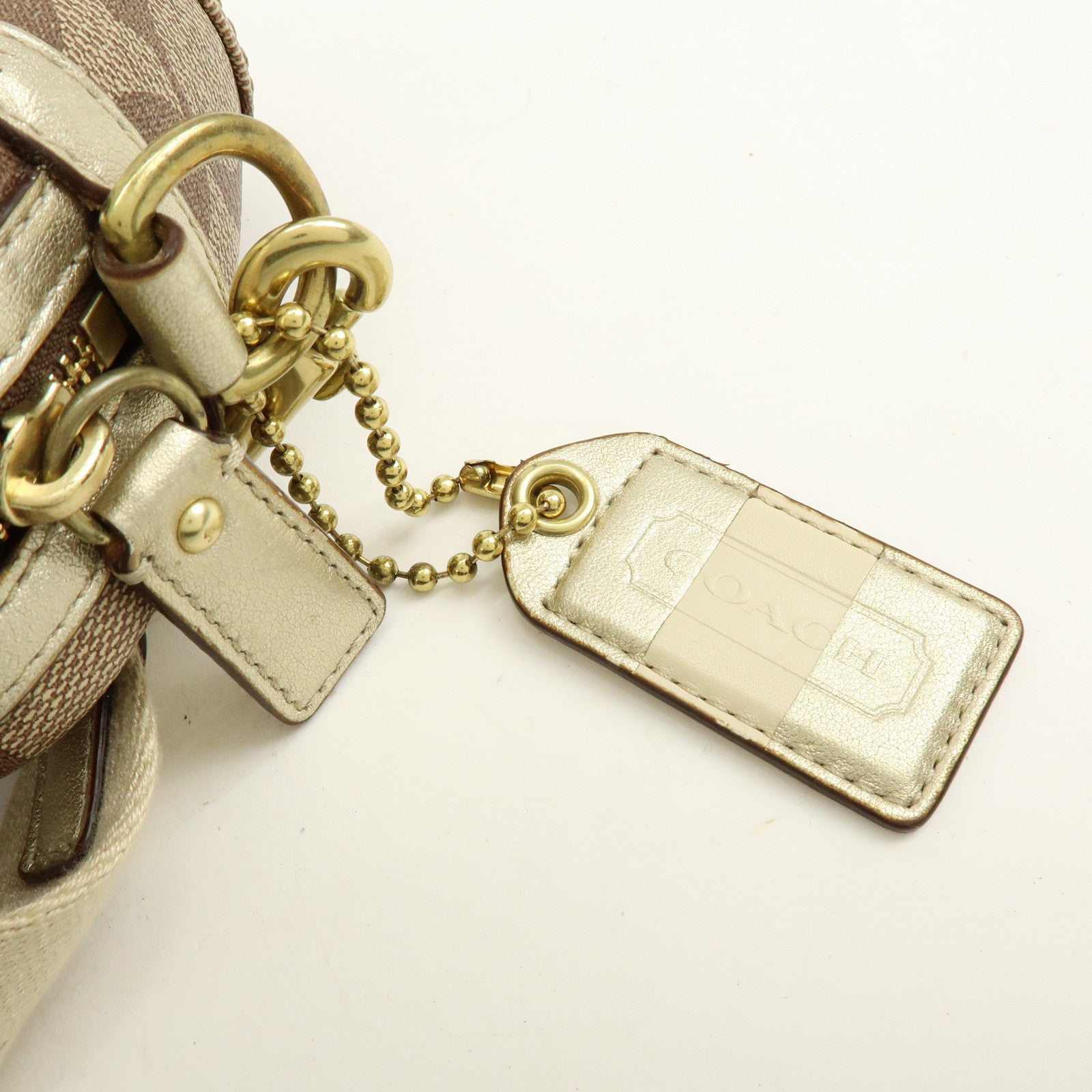 COACH Signature PVC Coated Canvas Leather Shoulder Bag Beige Gold