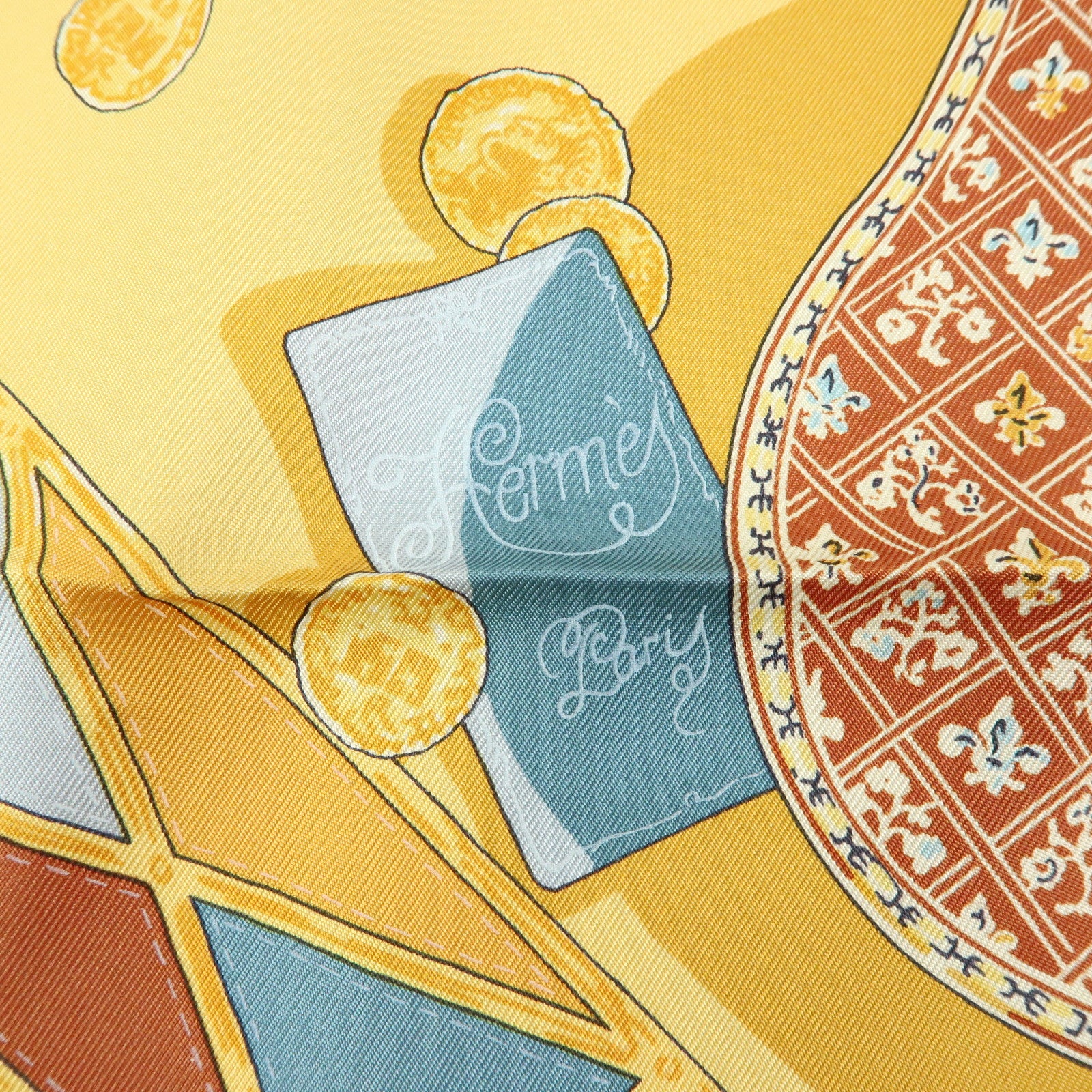 HERMES Carre90 Silk100% Scarf Mon Ami Pierrot Green Yellow Beige