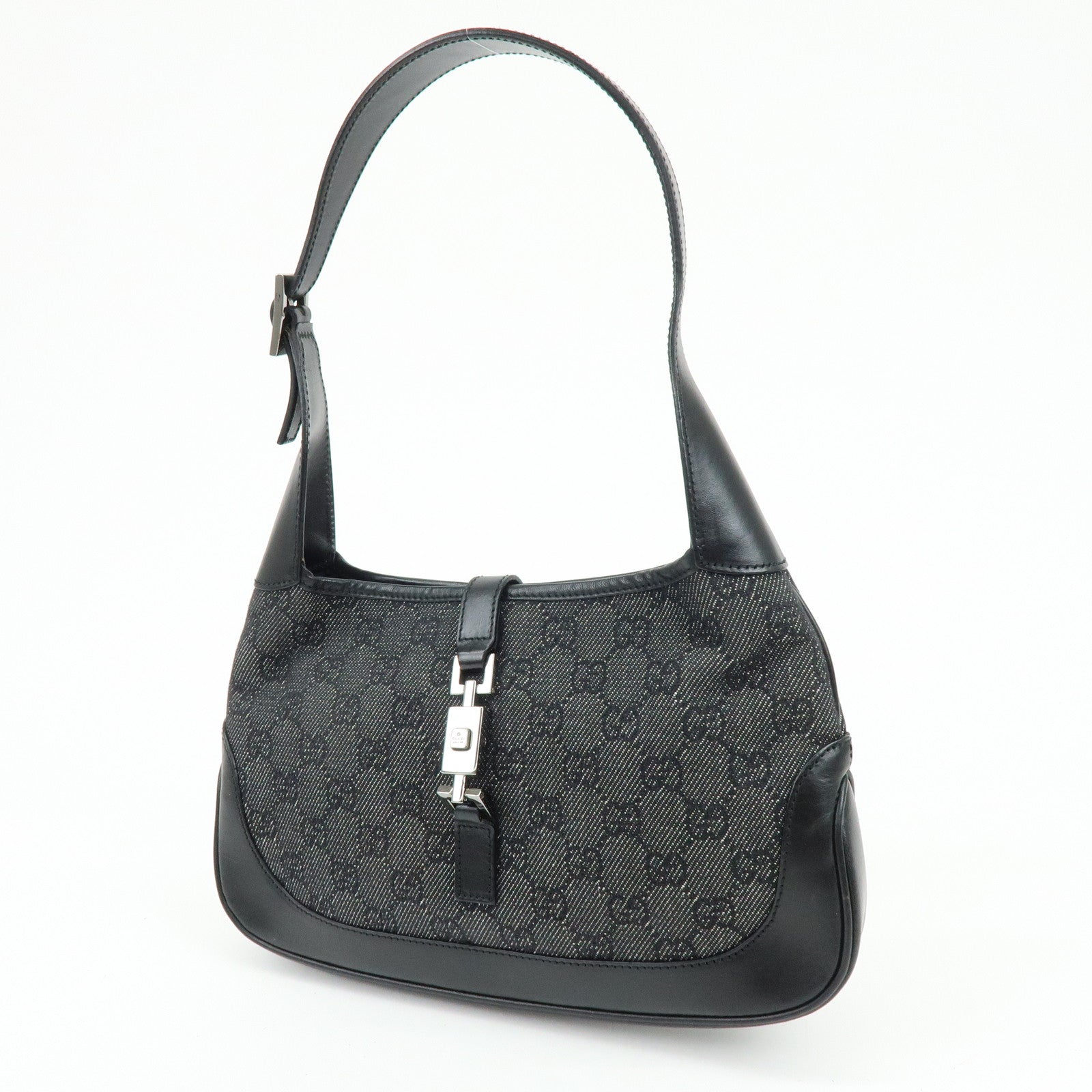 GUCCI Jackie GG Denim Leather Shoulder Bag Black 01147・001013