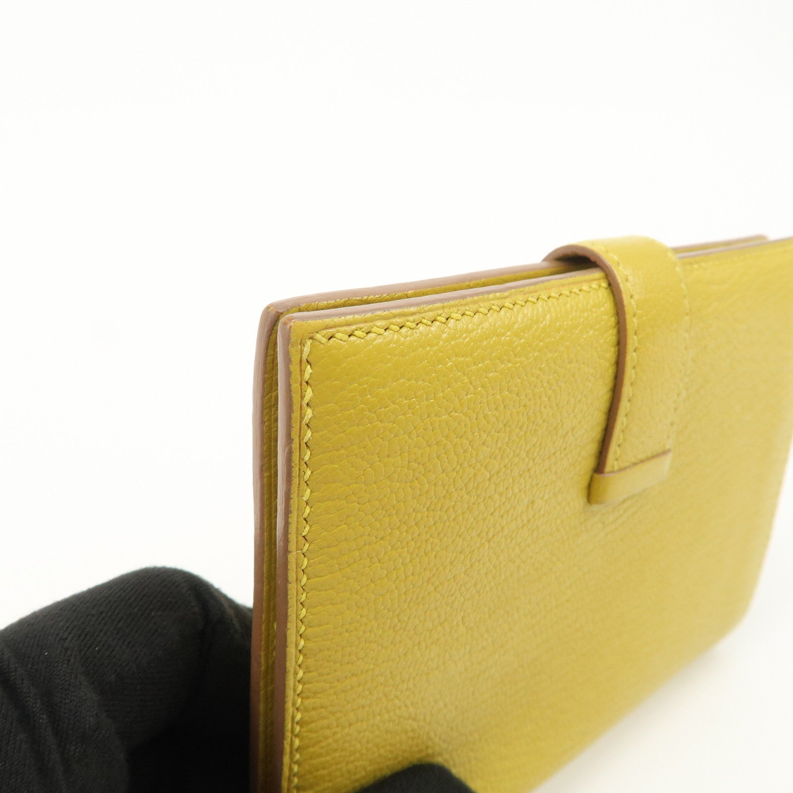 HERMES Leather Bearn Mini Compact Wallet D Stamped Yellow