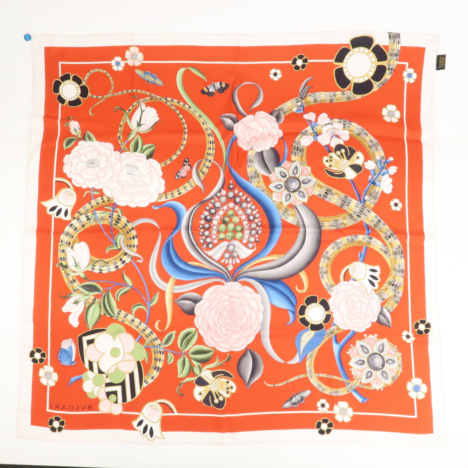 BVLGARI Silk 100% Scarf Flower Print Red Multicolor