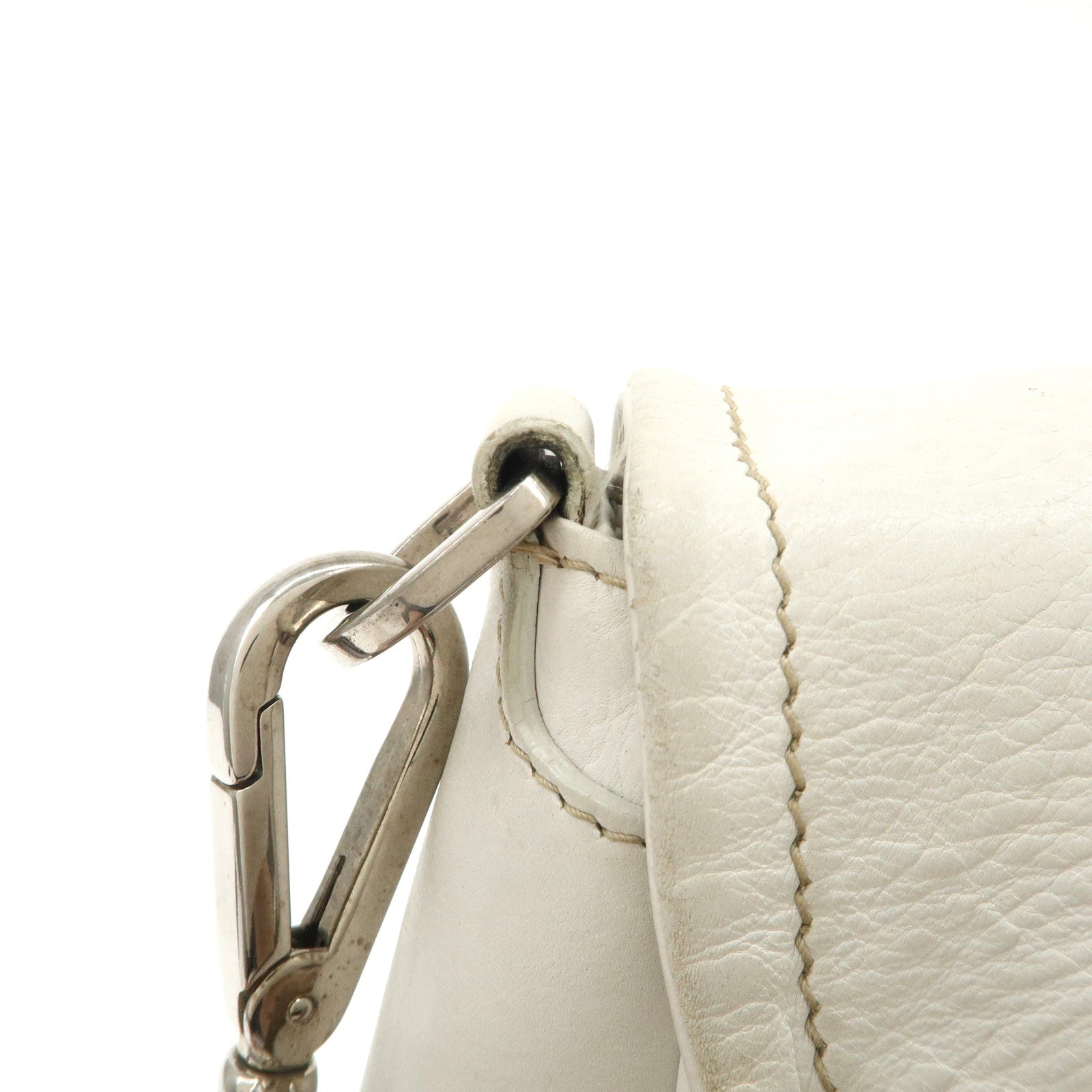 PRADA Triangle Logo Leather Nylon Shoulder Bag White Beige