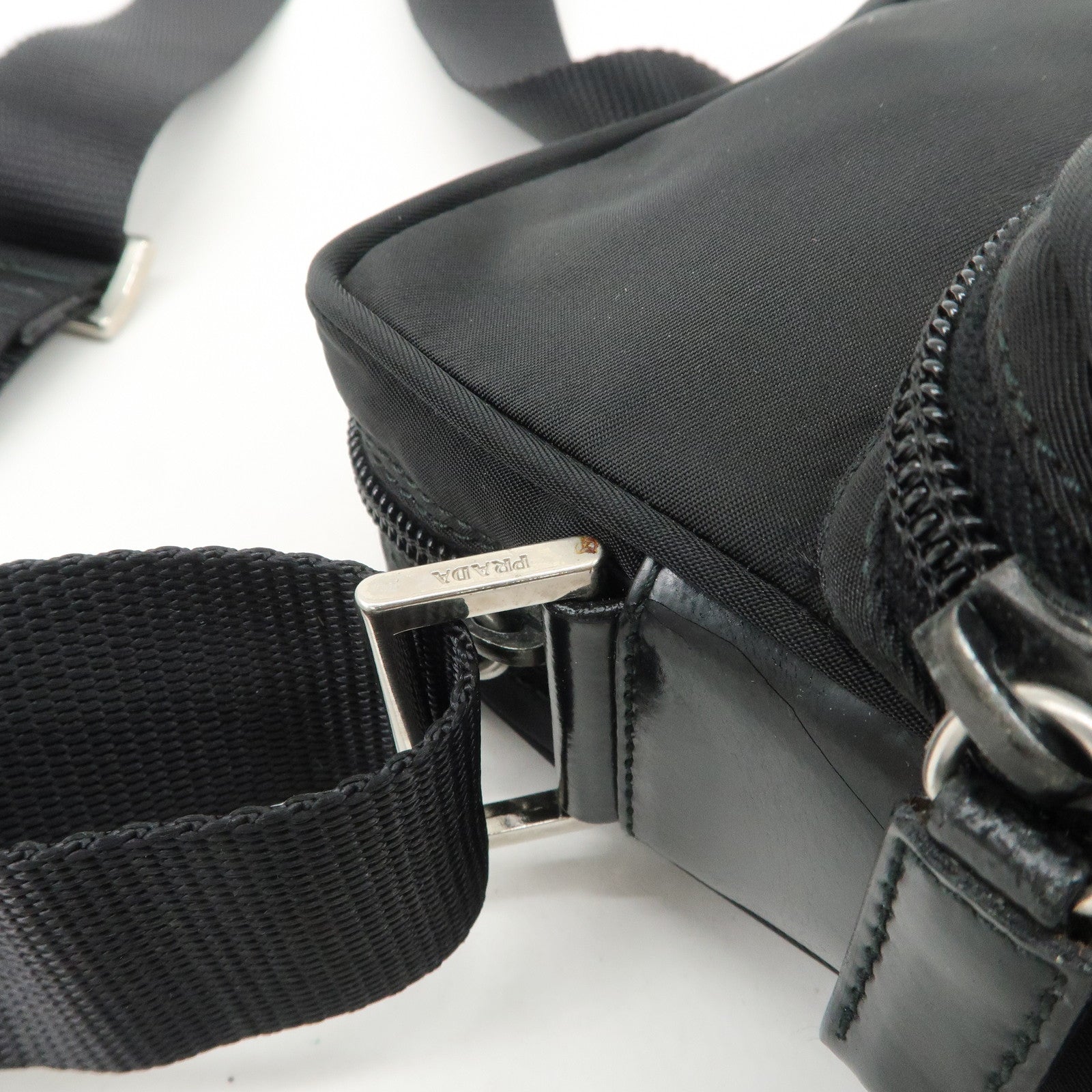 PRADA Triangle Logo Leather Nylon Shoulder Bag Black BT0169