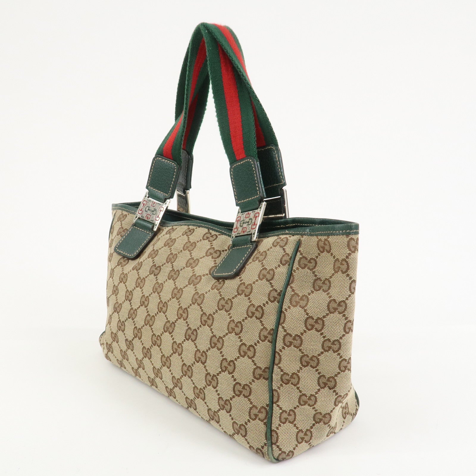 GUCCI Sherry GG Canvas Leather Hand Bag Brown Green 145810