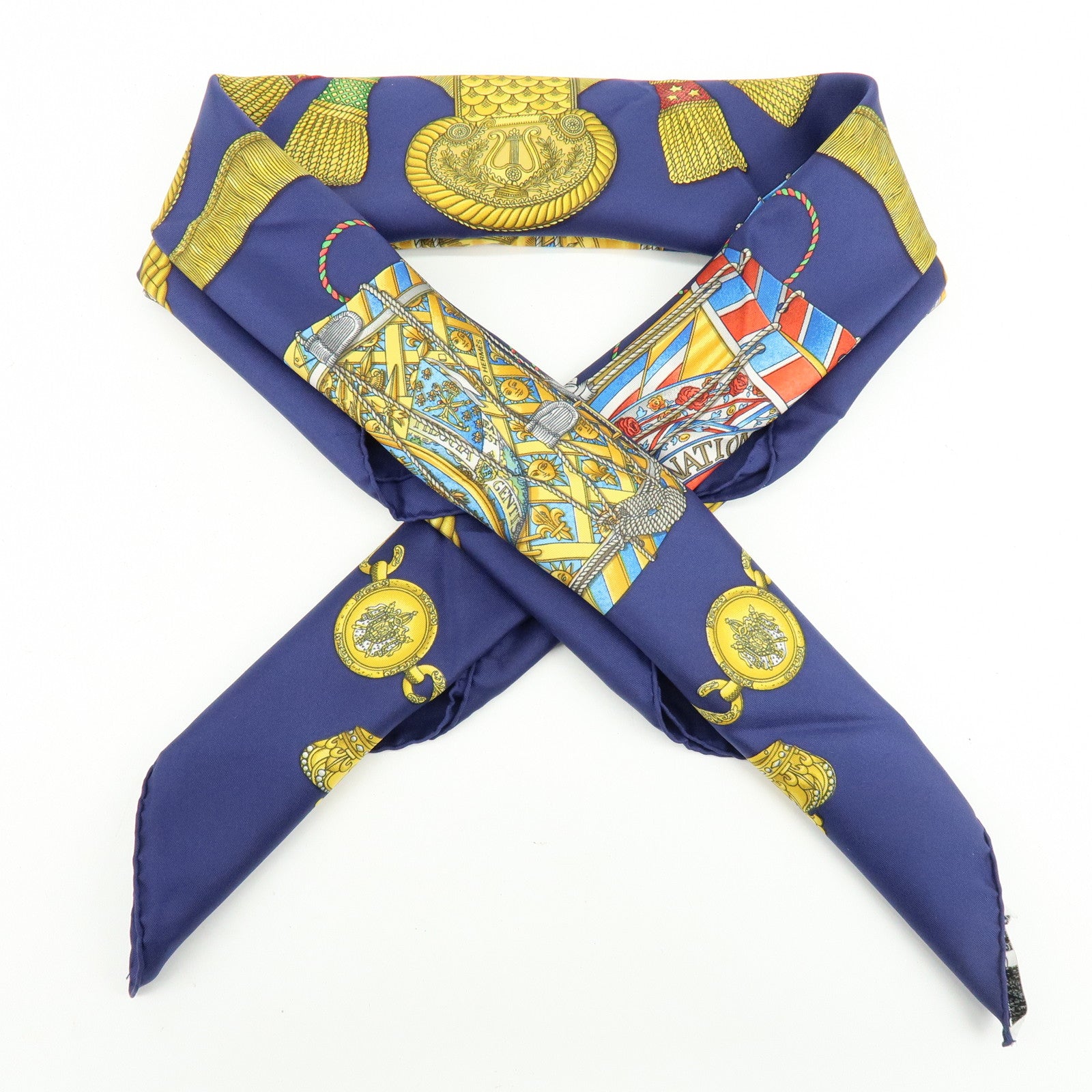 HERMES Carre 90 Silk 100% LES TAMBOURS Scarf Navy Gold