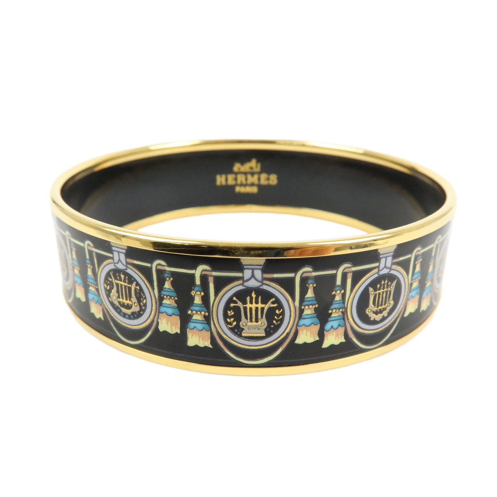 HERMES Email GM Gold Plated Bangle Bracelet Black Gold