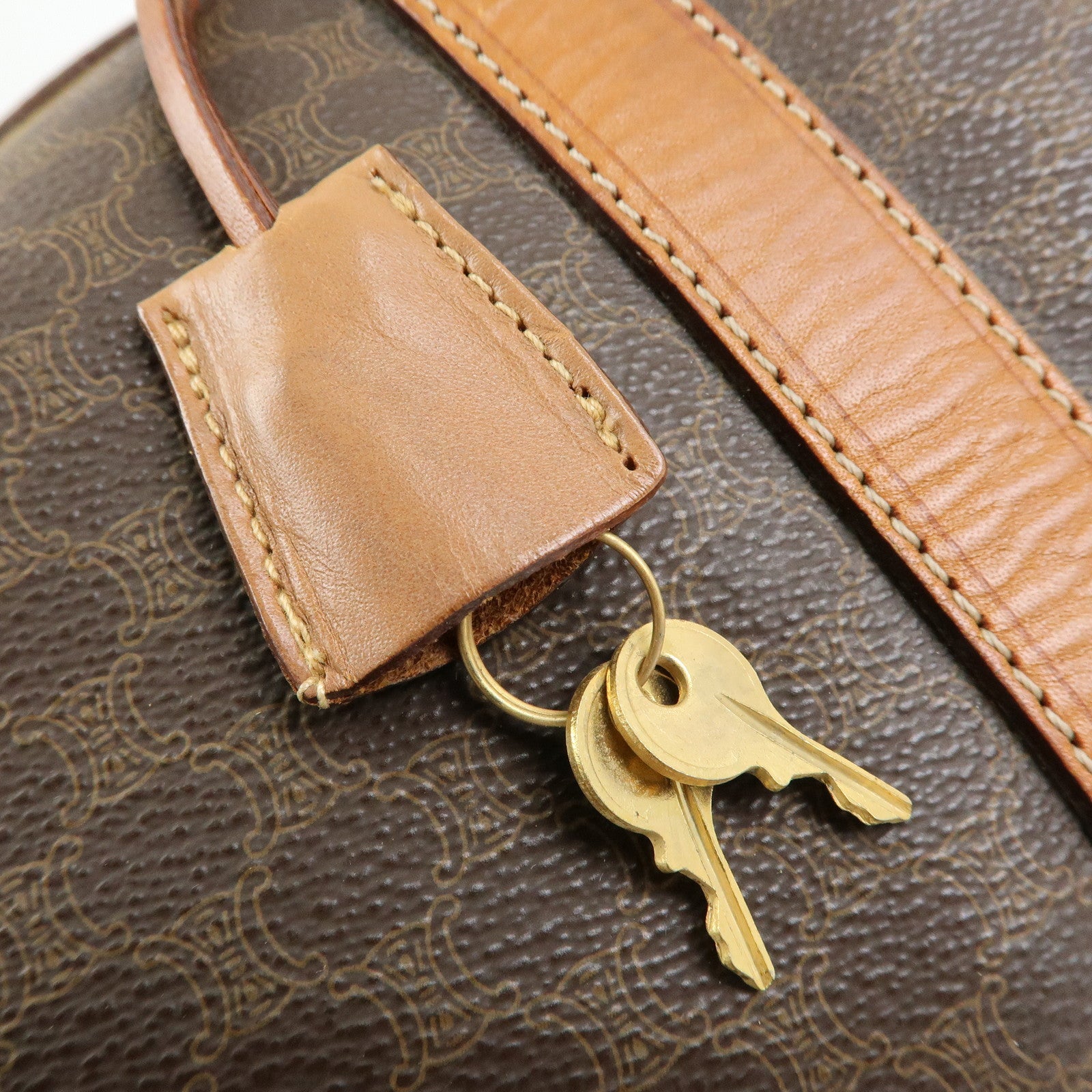 CELINE Logo Macadam PVC Leather Boston Bag Hand Bag Brown
