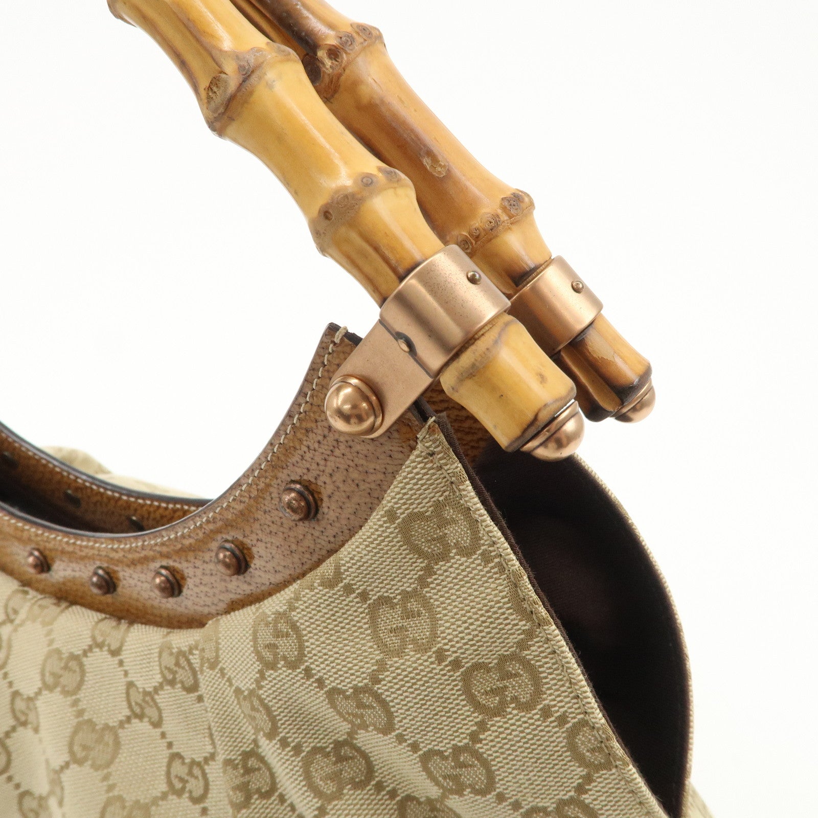 GUCCI Bamboo GG Canvas Shoulder Bag Hand Bag Beige 124293