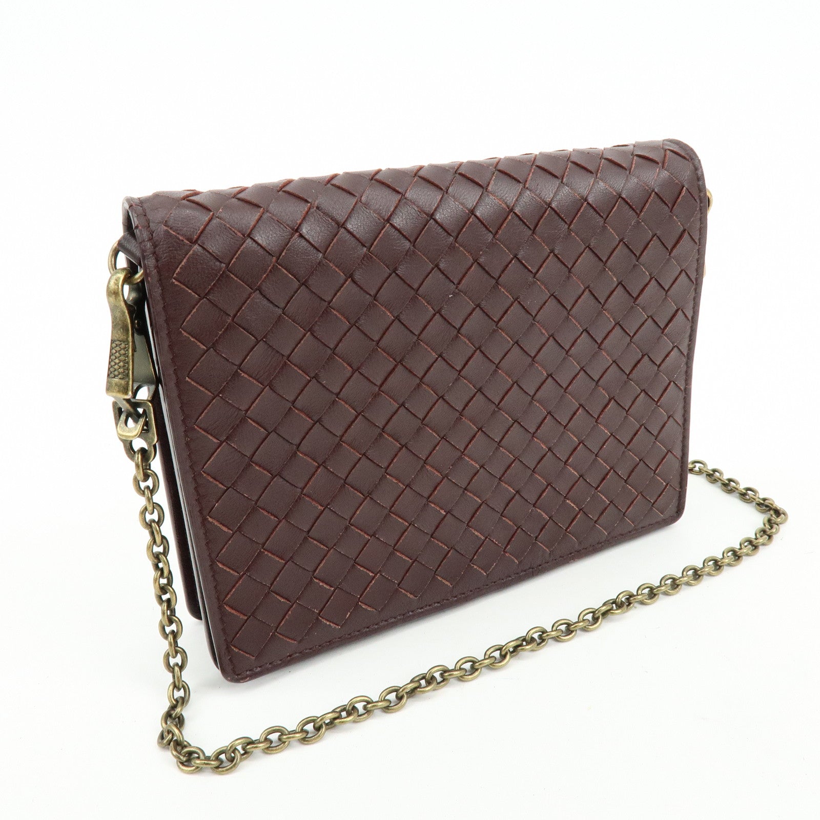 BOTTEGA VENETA Intrecciato Leather Chain Wallet Brown