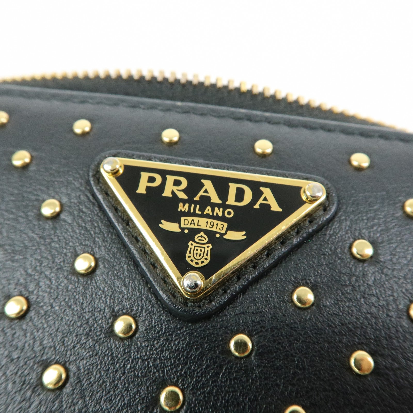 PRADA Triangle Logo Studs Leather Round Zippy Long Wallet Black