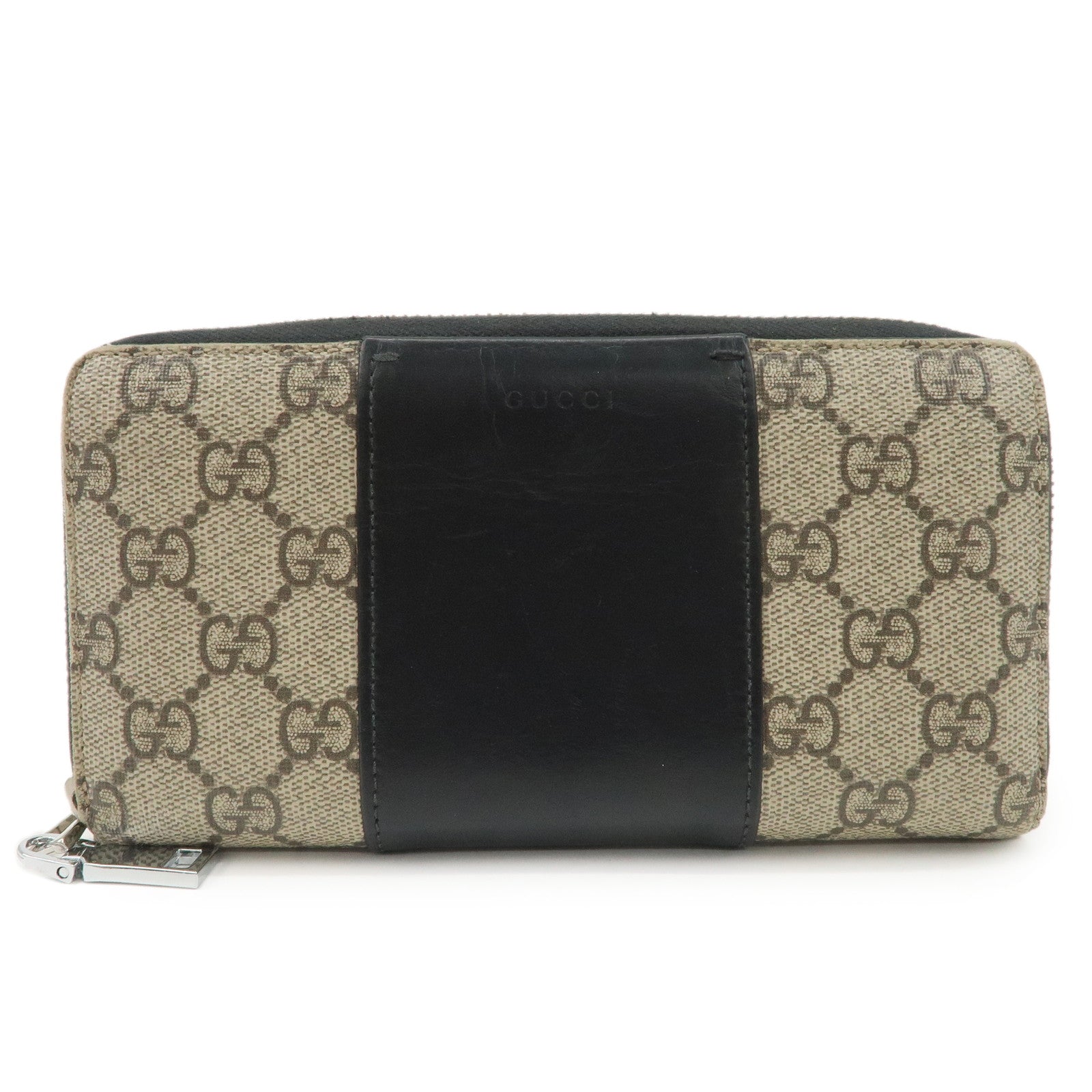 GUCCI GG Supreme Leather Round Zippy Long Wallet Beige Black 451249