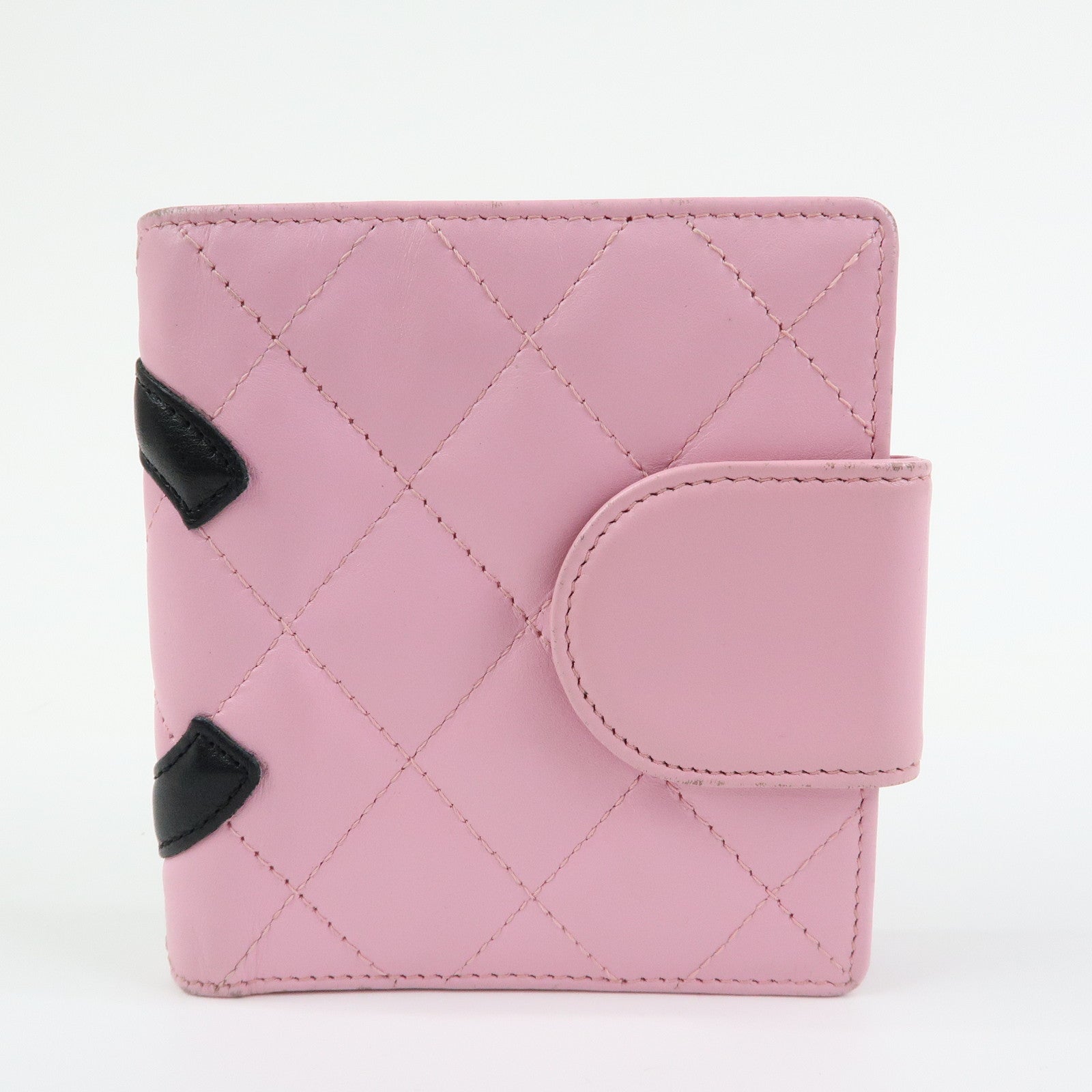 CHANEL Cambon Line Matelasse Lamb Skin Bi-fold Compact Wallet Pink
