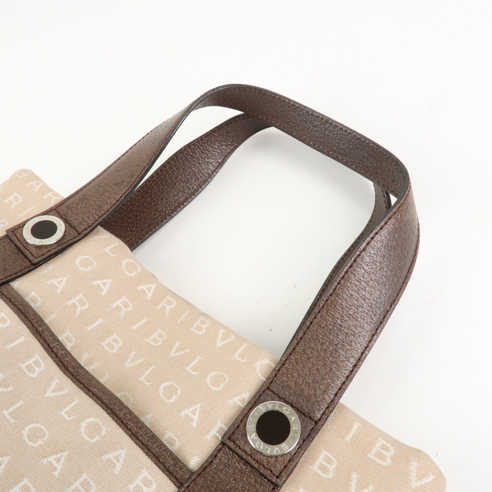 BVLGARI Logo Mania Canvas Leather Tote Bag Beige Dark Brown Silver HDW Used