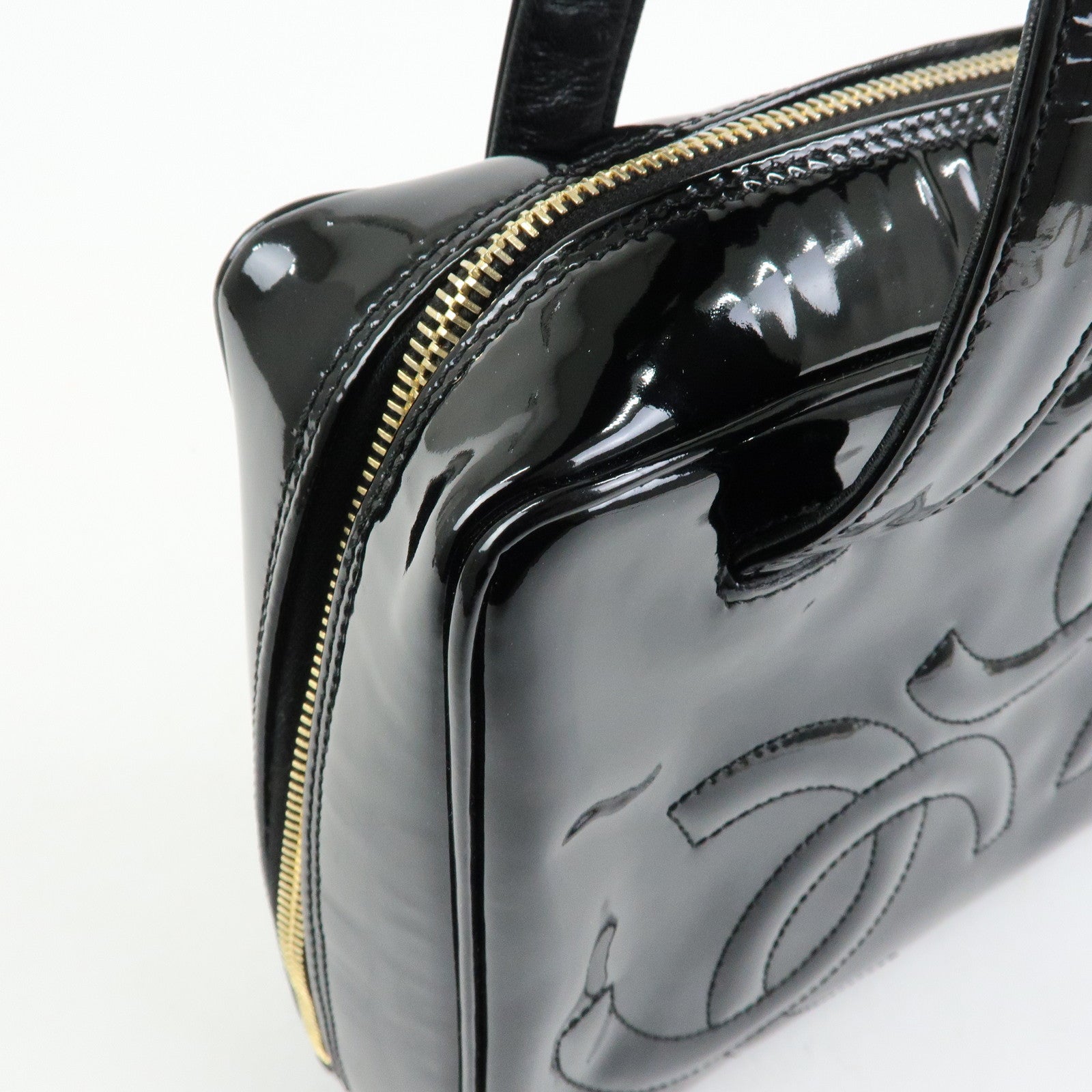 CHANEL Triple COCO Mark Patent Leather Tote Bag Hand Bag Black