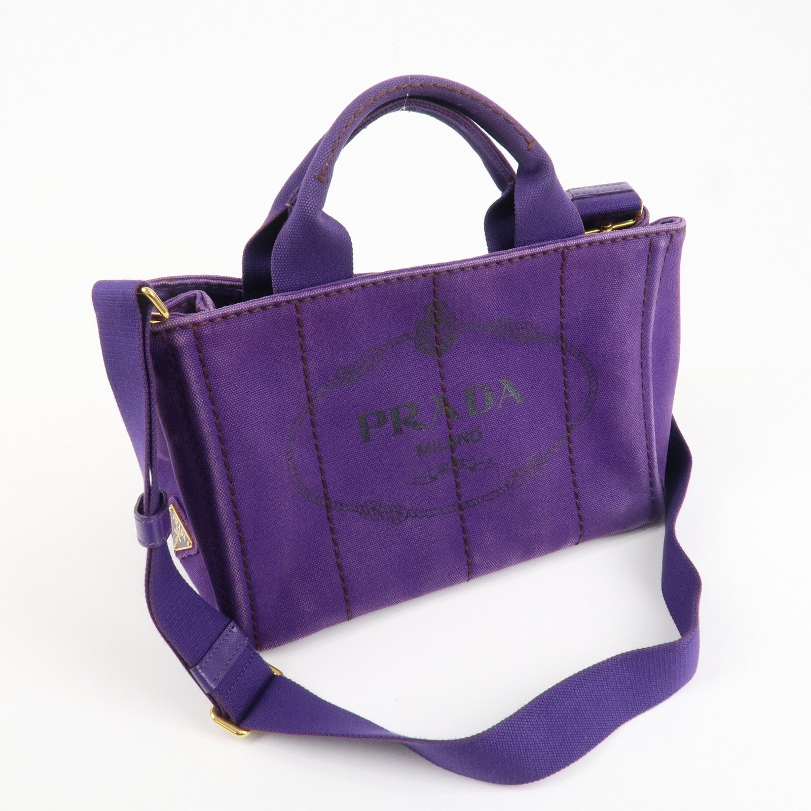 PRADA Logo Canapa Mini Canvas 2Way Tote Shoulder Bag Purple BN2439 Used
