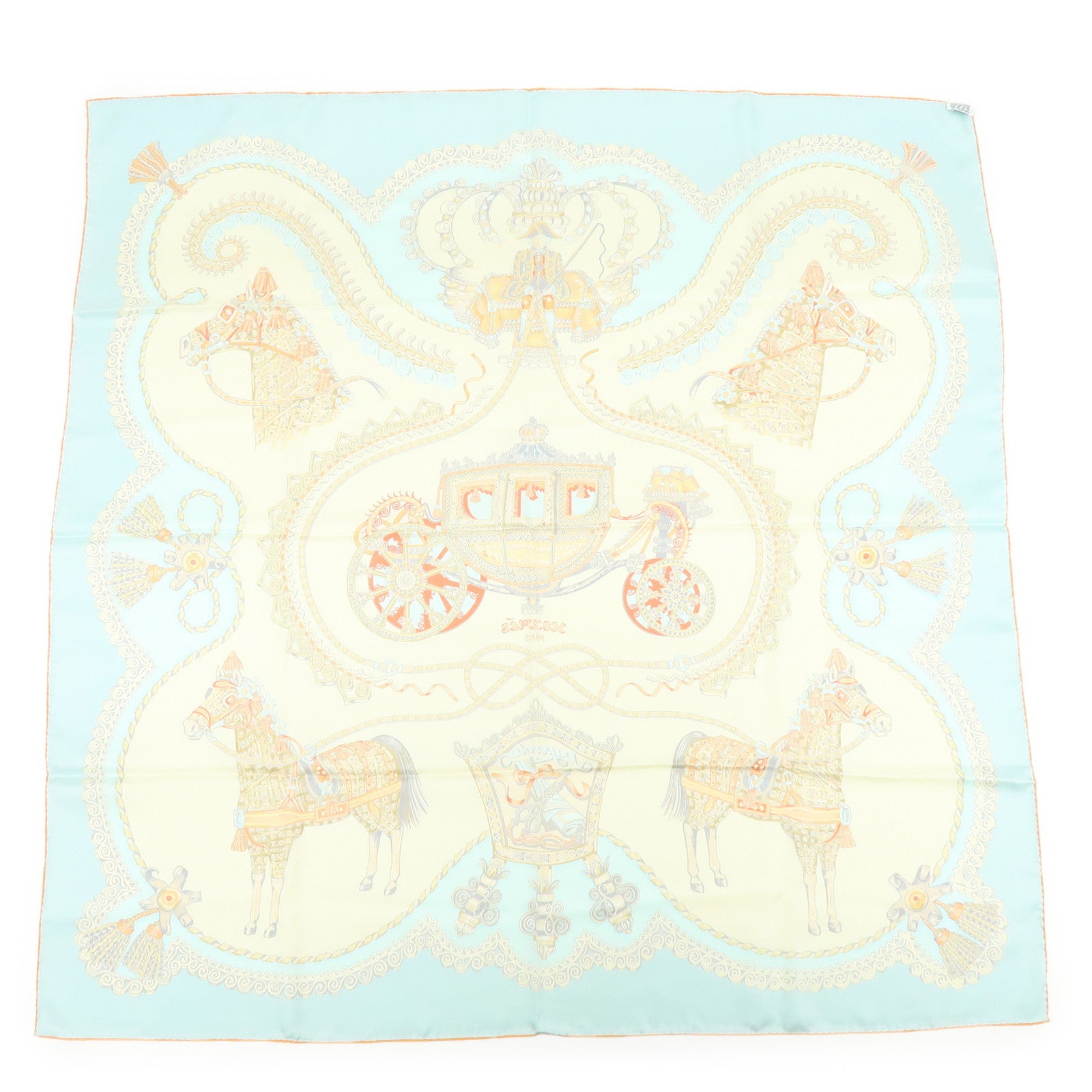HERMES Carre 90 Silk 100% PAPEROLLES Scarf Light Blue Ivory