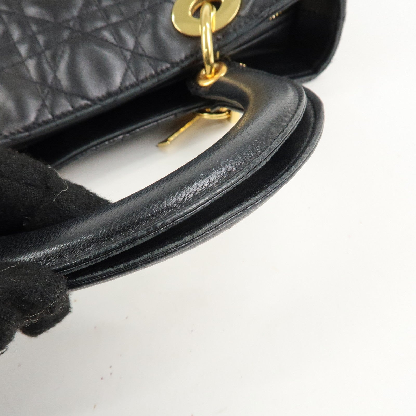 Christian Dior Lady Dior Canage Leather Hand Bag Black Used