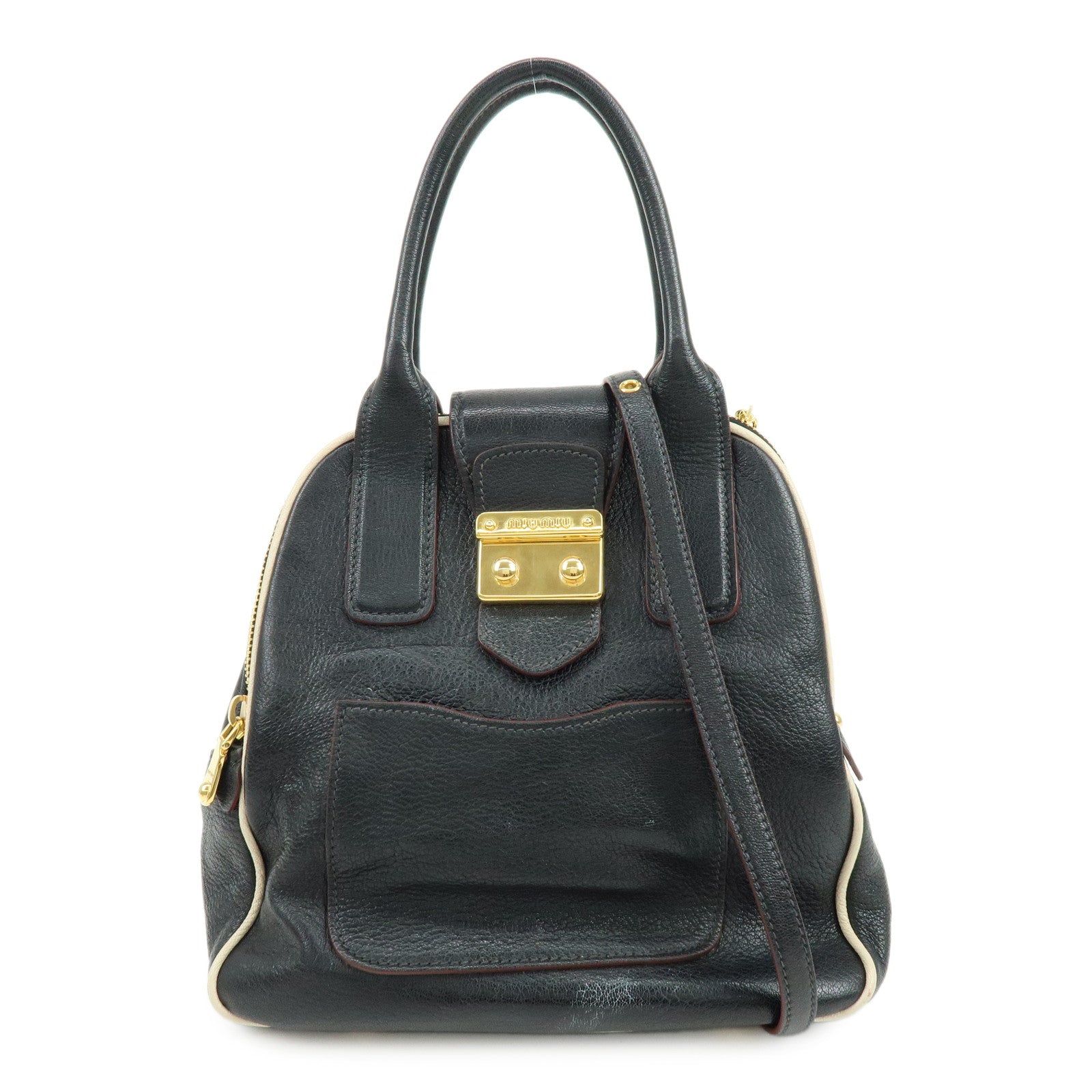 MIU MIU Logo Madras Leather 2Way Bag Hand Bag Shoulder Bag Black