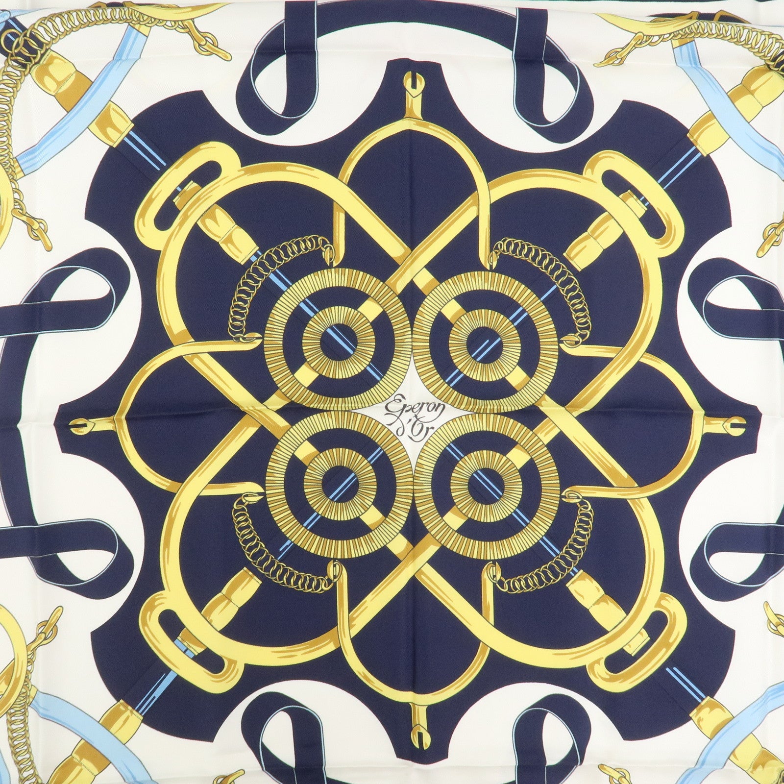 HERMES Carre 90 Silk 100% Scarf Eperon d'or Navy White