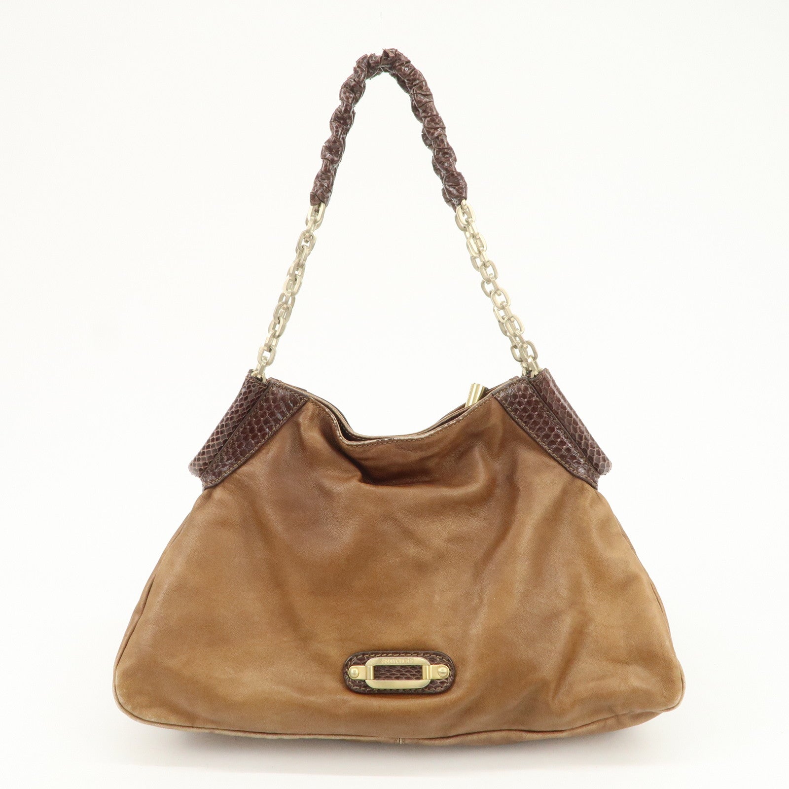 JIMMY CHOO Leather Suede Chain Shoulder Bag Hand Bag Brown