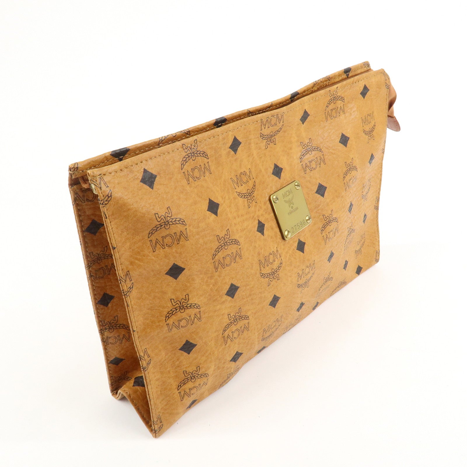 MCM Visetos Leather Clutch Bag Brown Gold Hardware