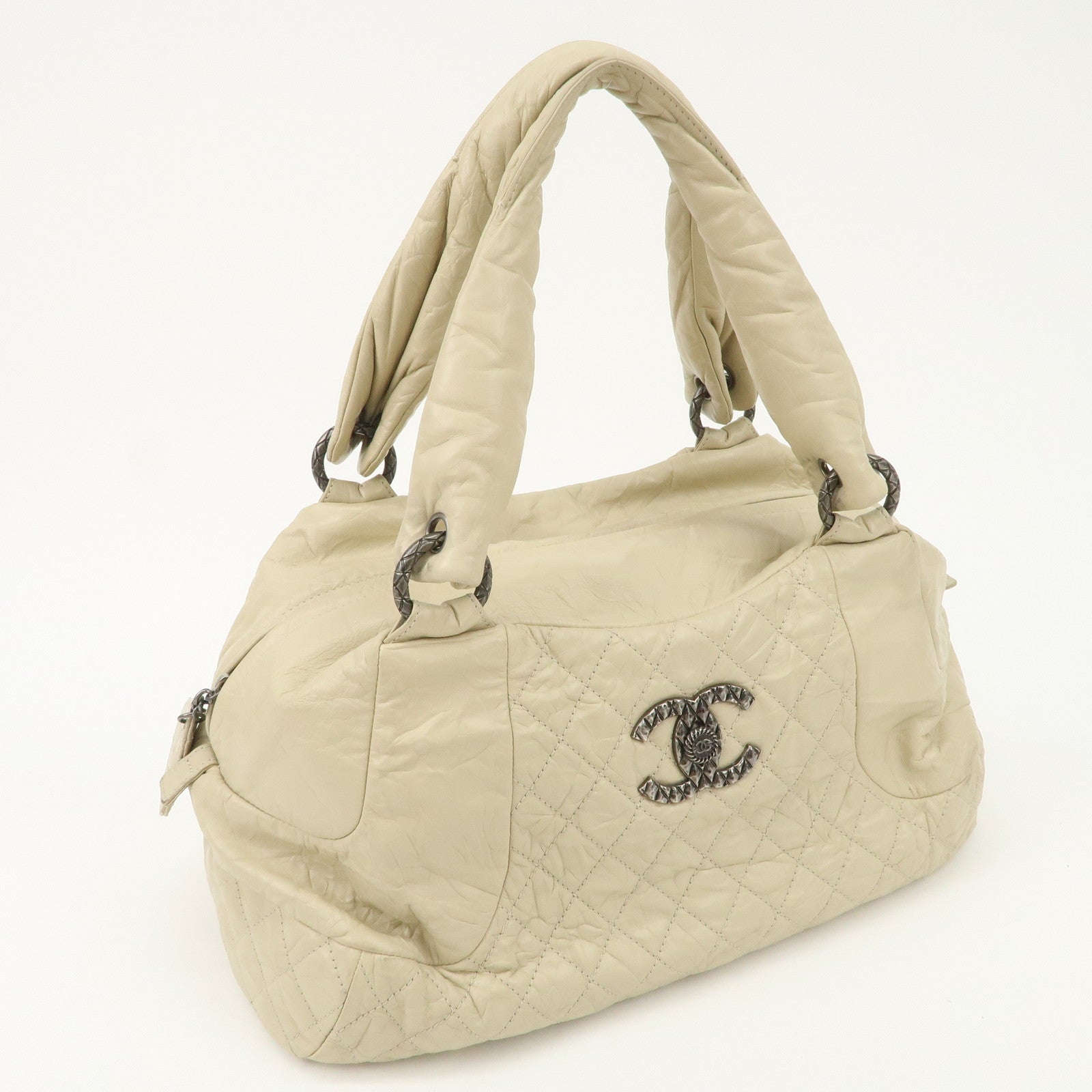 CHANEL Matelasse Leather COCO Mark Boston Bag Ivory Used