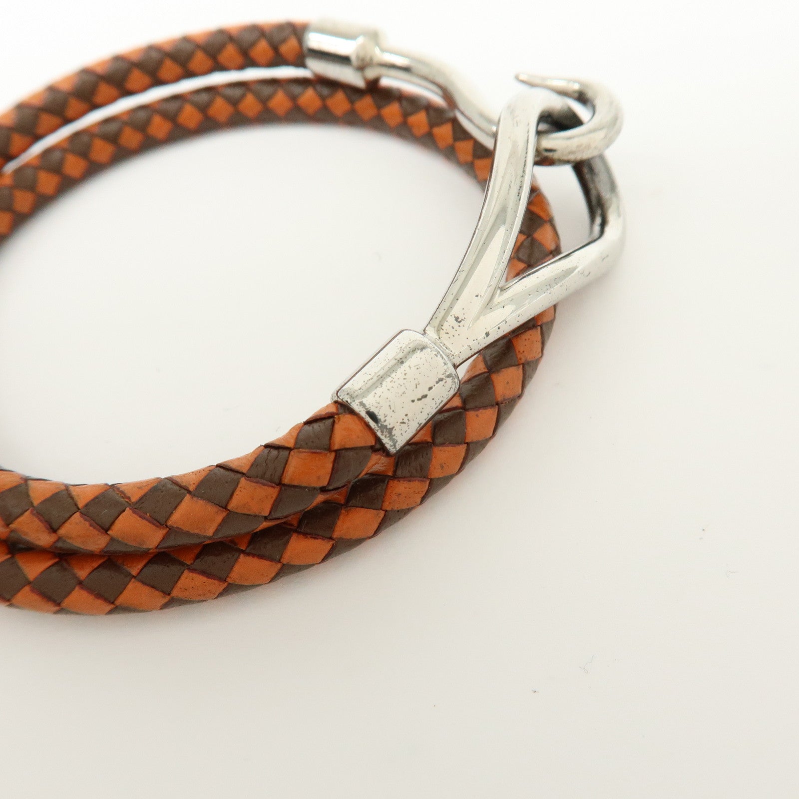 HERMES Jumbo Choker Double Tour Leather Metal Bracelet Orange Brown