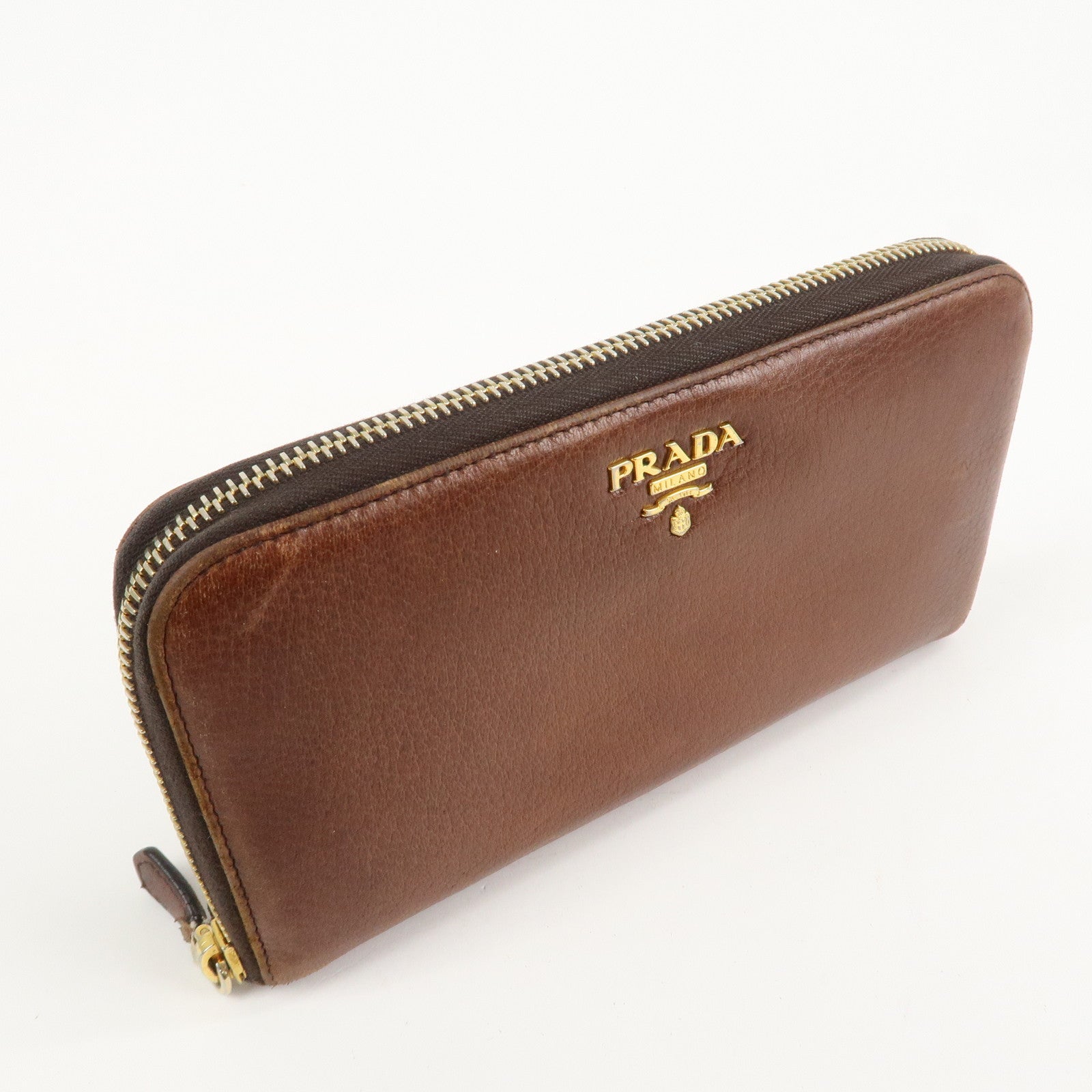 PRADA Saffiano Leather Round Zippy Long Wallet Brown 1M0506 Used