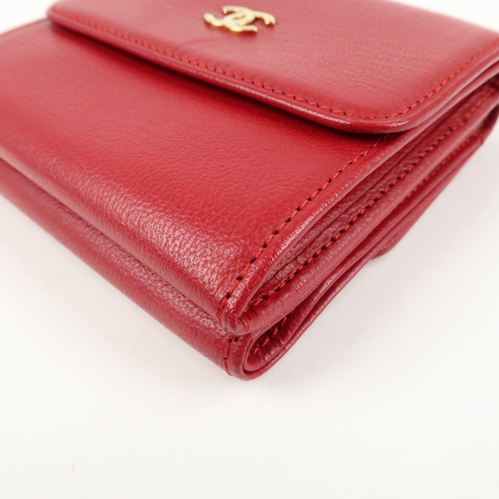 CHANEL COCO Mark Leather Tri-Fold Compact Wallet Red A13456 Used