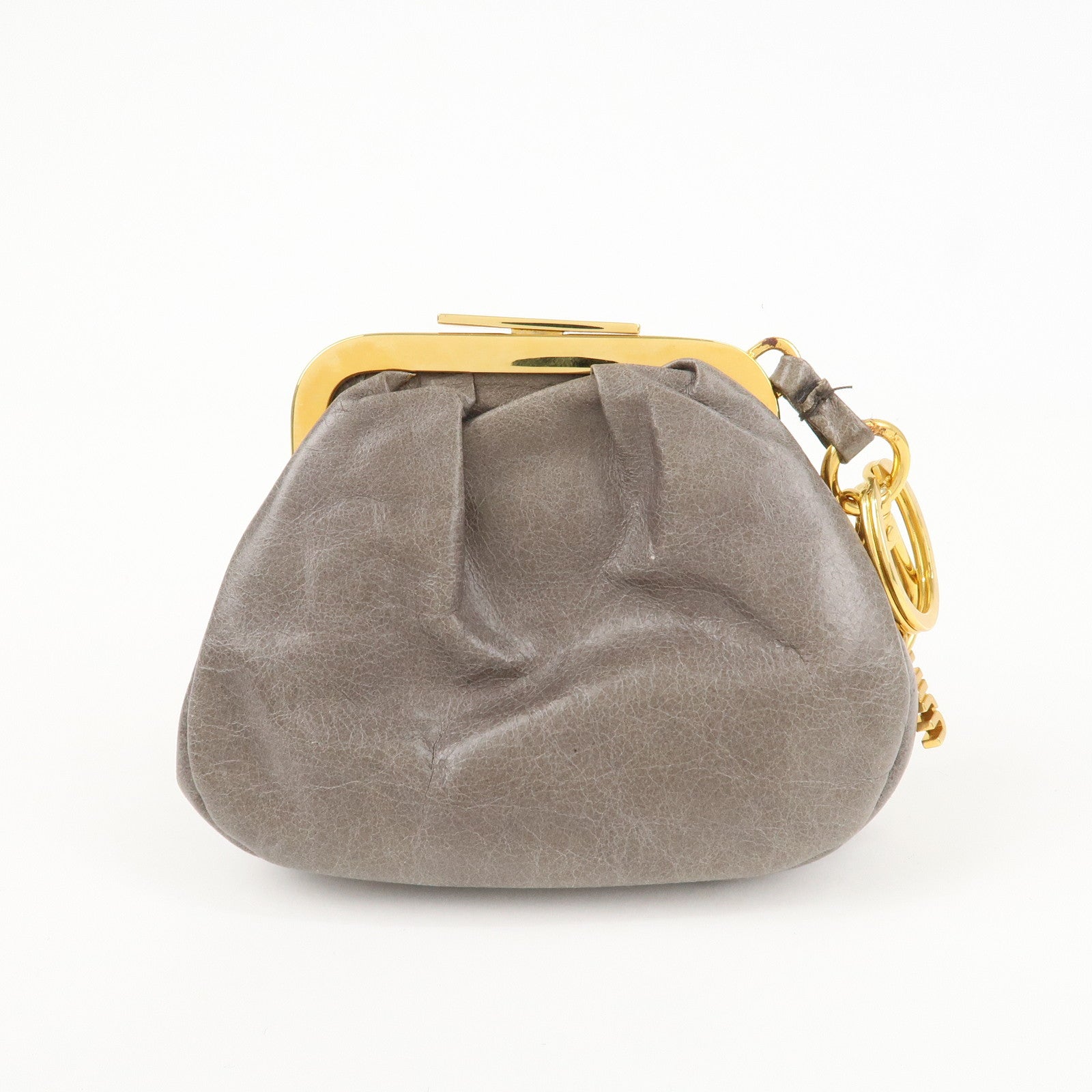 MIU MIU Logo Leather Kiss Lock Coin Case Gray Gold HDW Used