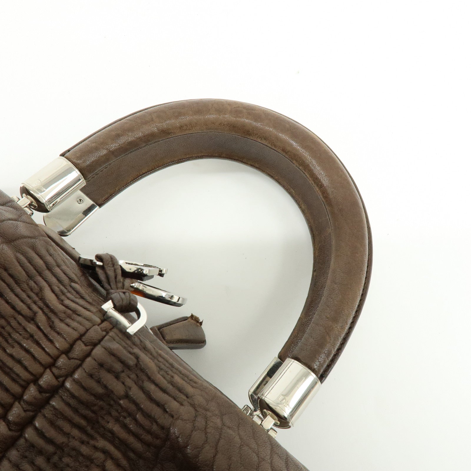 Christian Dior Embossed Gathered Leather Boston Bag Hand Bag Brown