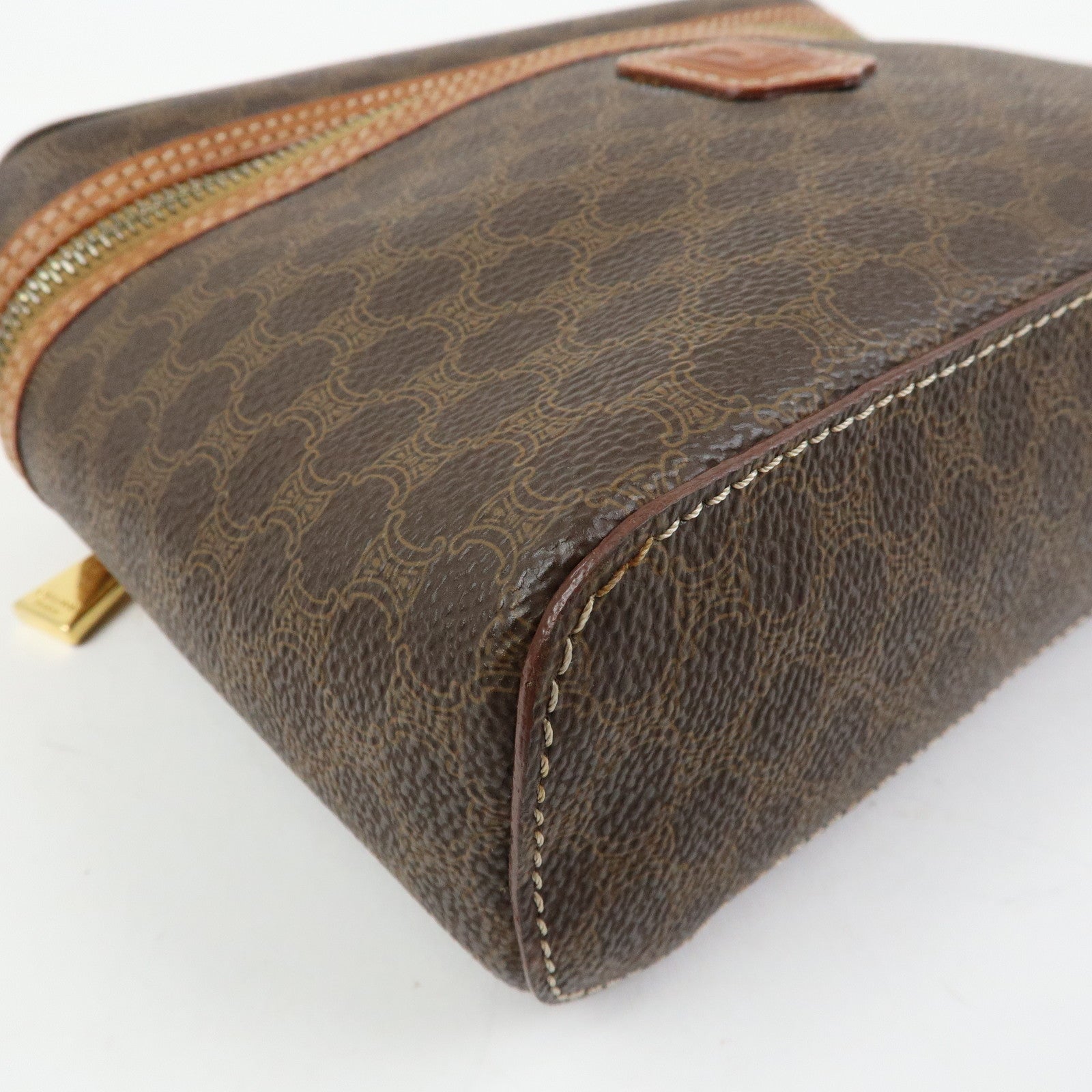 CELINE Macadam PVC Leather Vanity Hand Bag Makeup Bag Brown