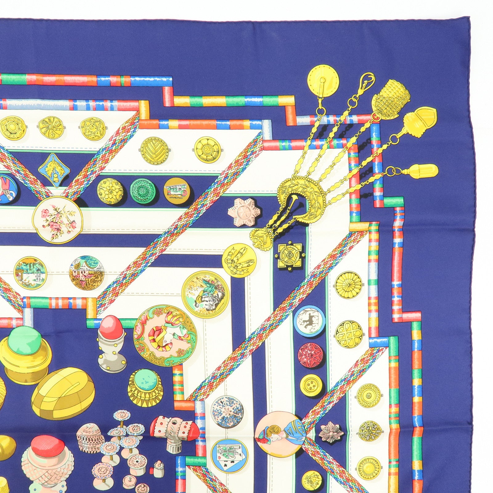 HERMES Carre 90 Silk 100% Scarf Petite Main Navy Multicolor