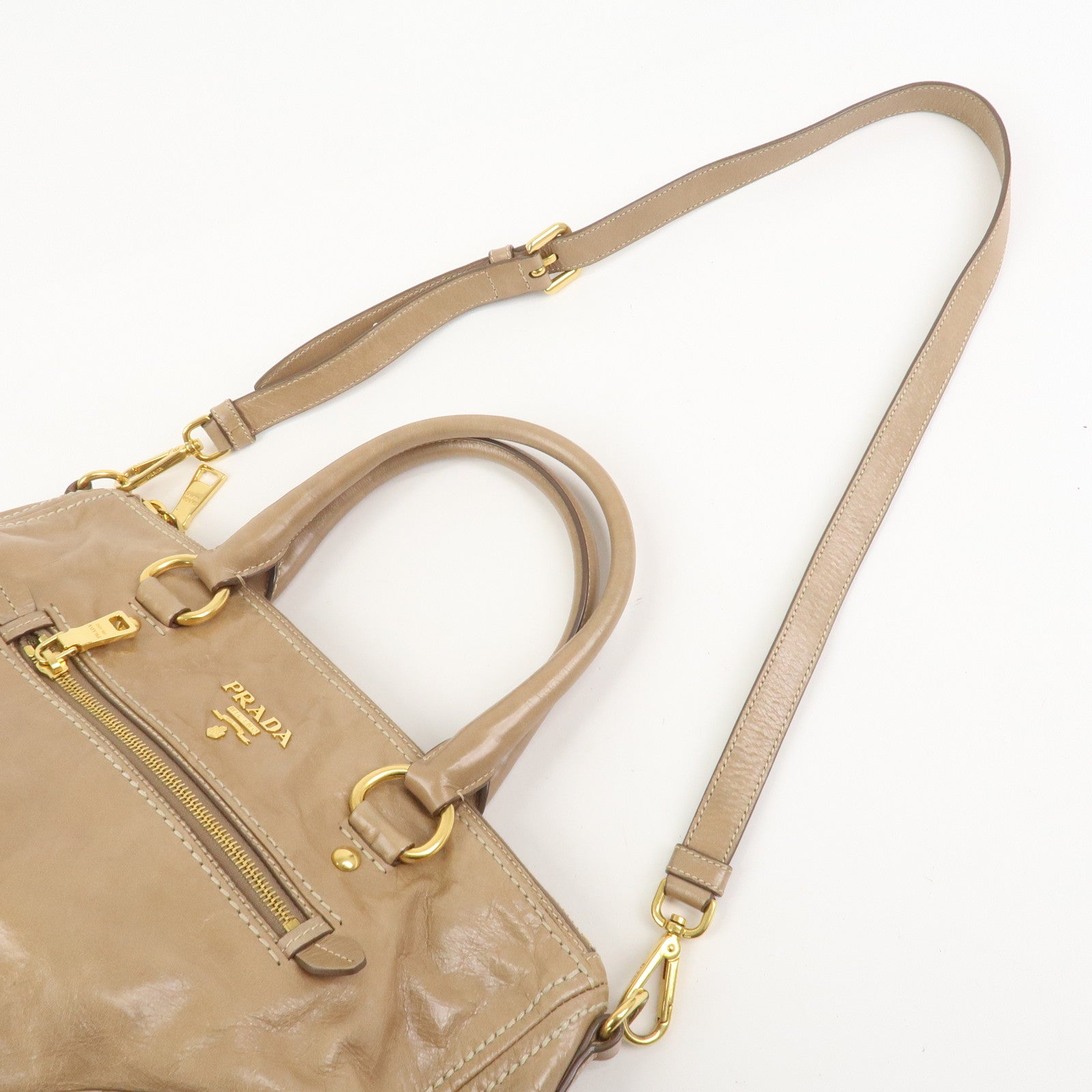 PRADA Leather 2Way Bag Hand Bag Shoulder Bag Light Brown BL0727