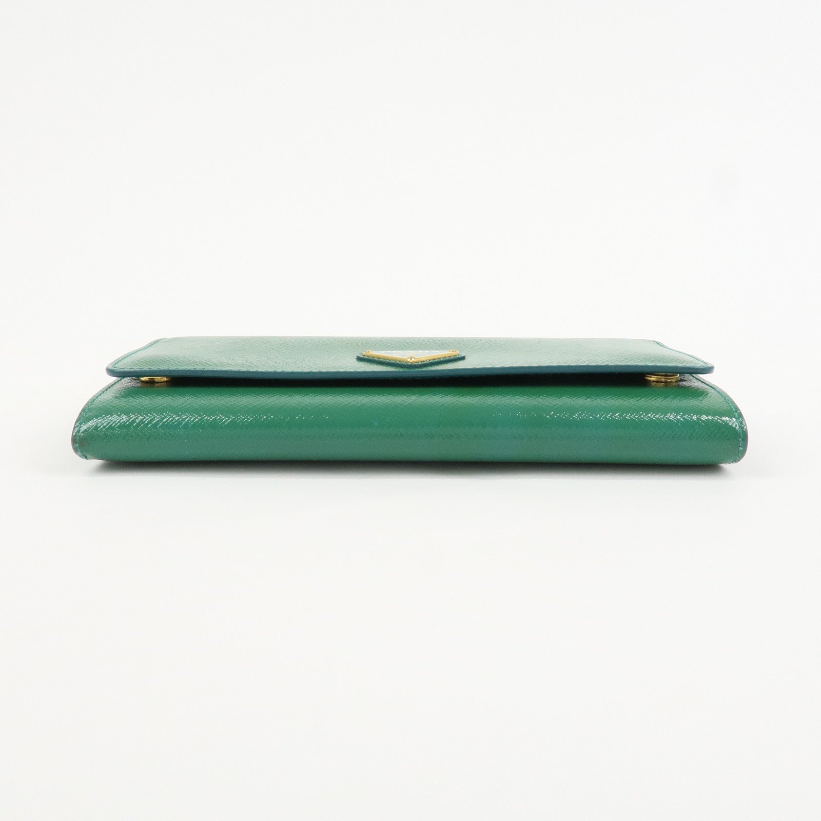 PRADA Triangle Logo Patent Leather Bi-Fold Long Wallet Green