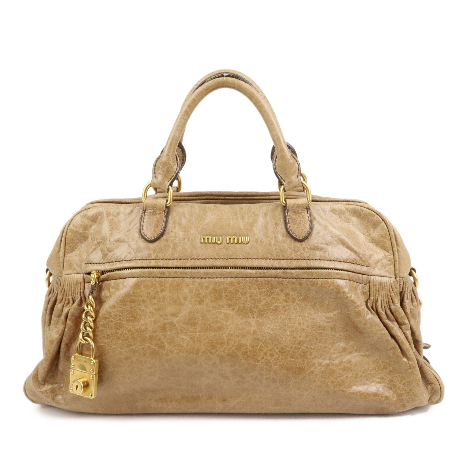 MIU MIU Logo Leather Hand Bag Boston Bag Light Brown
